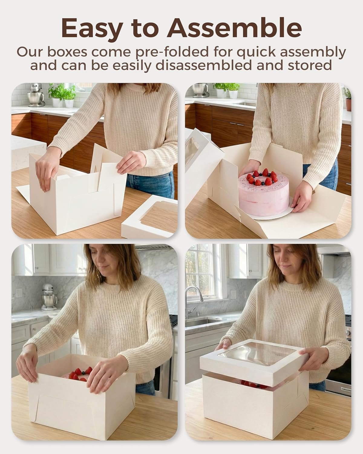 Wholesale 10x10x8 Inch Tall Multi-Layer Cake Boxes Bulk 15 Pack with Clear Window Square White Large Disposable Bakery Pastry Pie Boxes for Baking Decorating Supplies Includes 80 Stickers Factory