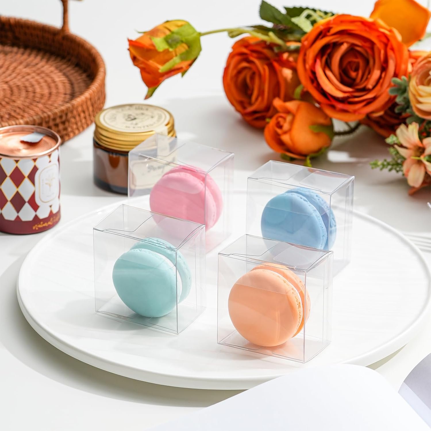 Wholesale 50 Pack Clear Single Macaron Boxes PET Mini Treat Favor 2.13 x 2.13 x 1.34 in Transparent Candy Packaging Bakery Weddings Parties Factory