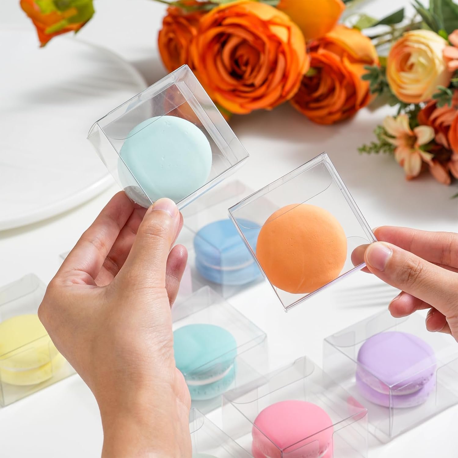 Wholesale 50 Pack Clear Single Macaron Boxes PET Mini Treat Favor 2.13 x 2.13 x 1.34 in Transparent Candy Packaging Bakery Weddings Parties Factory