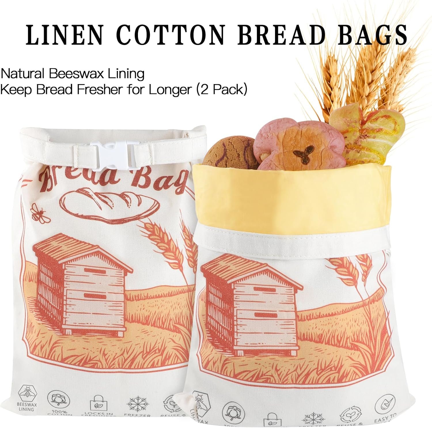 OEM Reusable Beeswax Bread Bags 2-Pack XL 12x17 Inch Linen Cotton for Sourdough Homemade Storage Eco-Friendly Preservation Freezer Safe Factory
