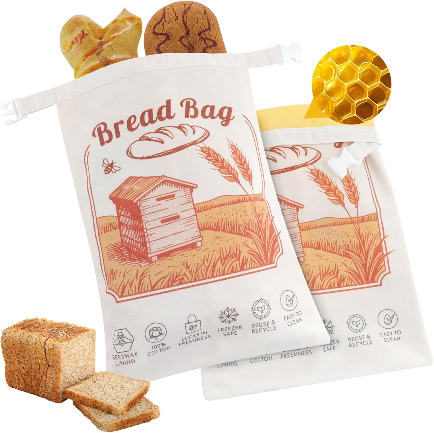 Reusable Beeswax Bread Bags 2 Pack, XL 12"x17" Linen Cotton Bag for Sourdough & Homemade Bread Storage, Eco-Friendly Food Preservation & Freezer Safe