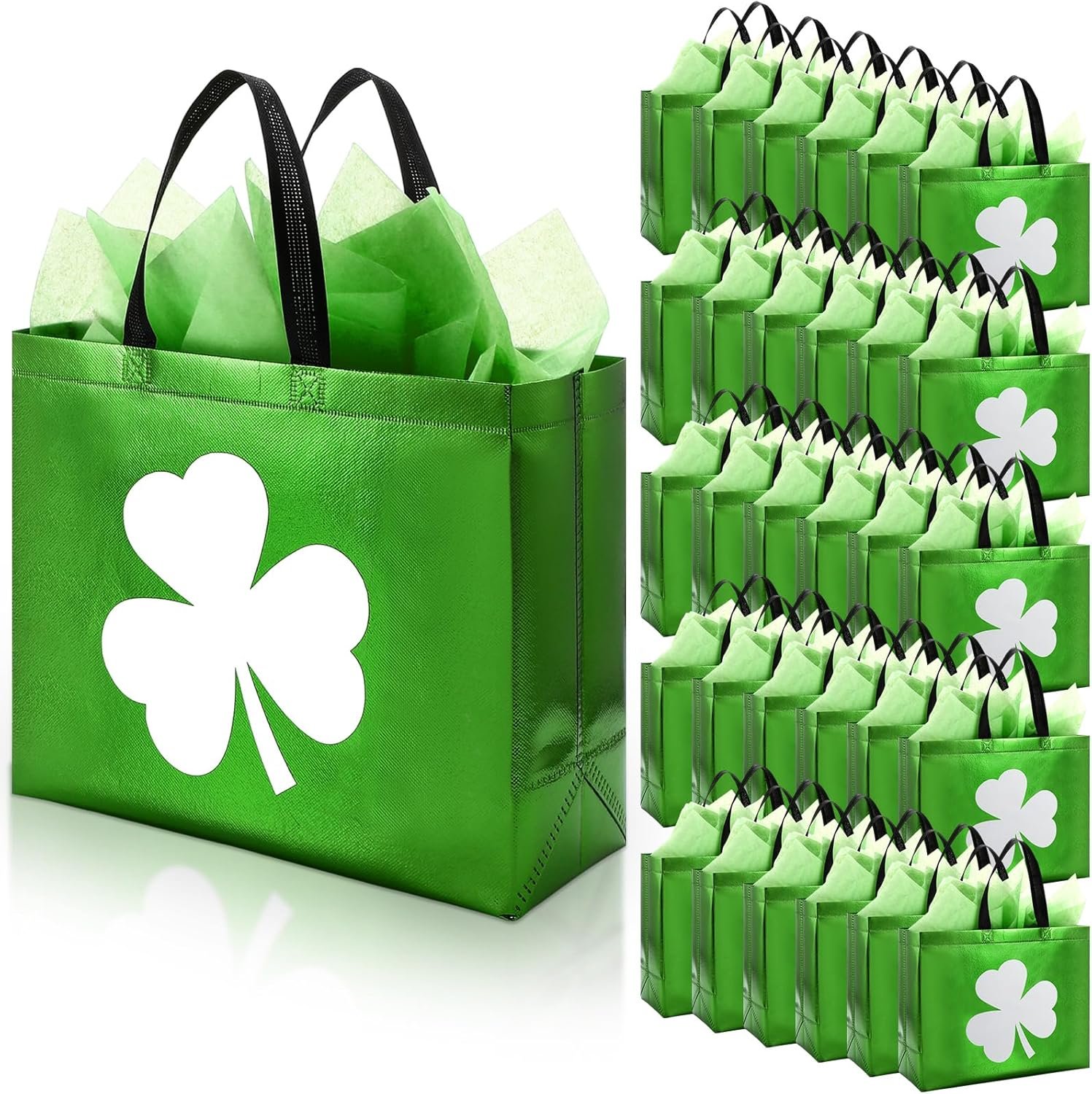 HunnmingRe 49 Pcs St Patrick's Day Gift Bags Bulk Set 24 Clover Treat Tote Bag Irish Shamrock Non Woven Bags 25 Tissue Paper for St Patrick's Party Favors(12.99 x 10.63 x 5.12 Inches,Forest Green)