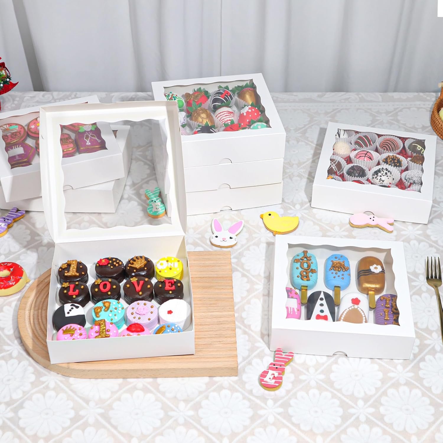 Wholesale 50pcs 8x8x2 Inch White Bakery Boxes with Window for Cookies Chocolate Covered Strawberries Pretzels Cakesicles and More Factory