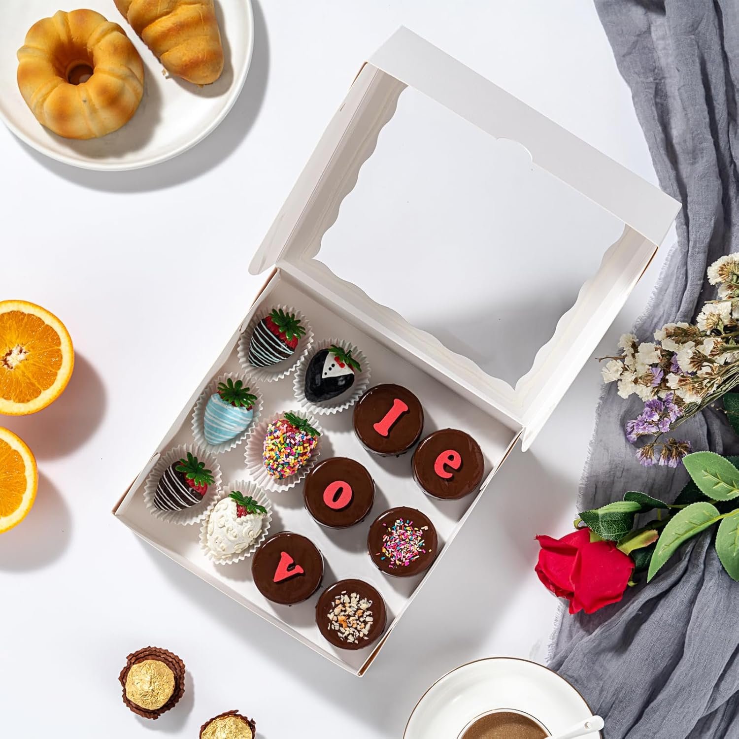 Wholesale 50pcs 8x8x2 Inch White Bakery Boxes with Window for Cookies Chocolate Covered Strawberries Pretzels Cakesicles and More Factory