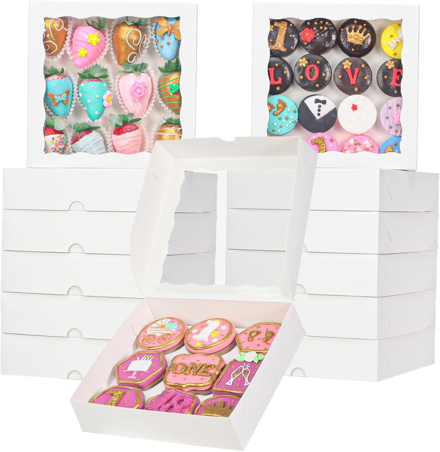 50pcs 8x8x2 Inch White Bakery Boxes with Window - Perfect for Cookies, Chocolate Covered Strawberries, Pretzels, Cakesicles & More