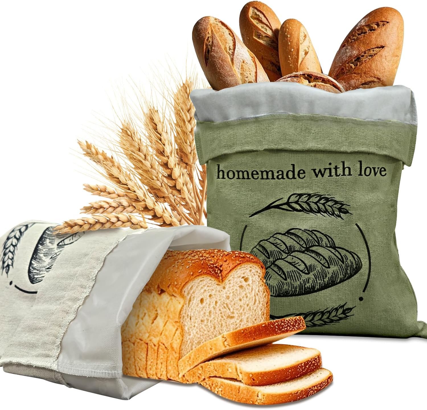 Linen Reusable Bread Bags for Homemade Bread & Sourdough - 2 Pack Breads Bags - 15x12 Inch - Perfect for Baking, Proofing & Fresh Storage - Breads Storage Solution (Green and white)