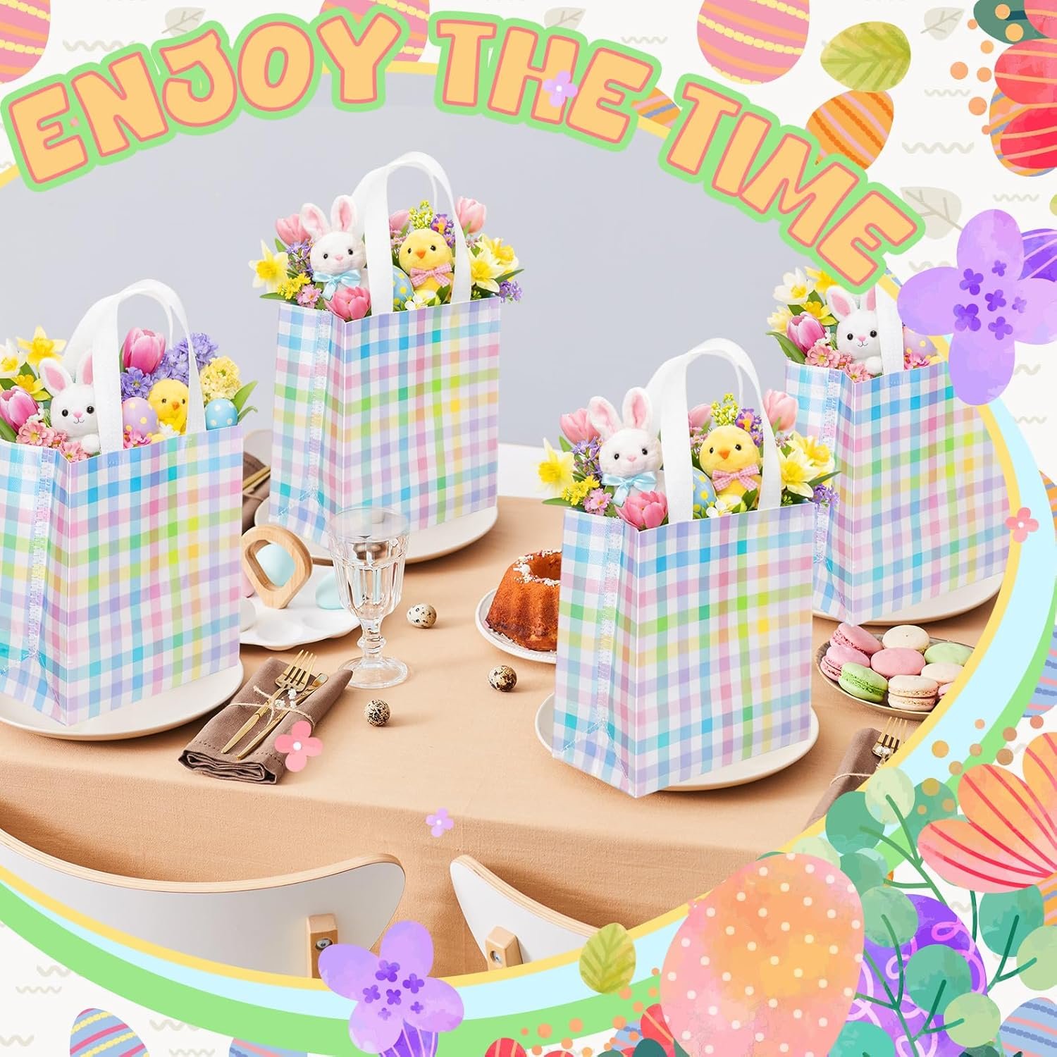 Wholesale Spring Easter Checkered Gift Bags with Handles for Egg Hunts Party Favors Non-Woven Reusable Tote Bags Women Weddings Birthdays Baby Showers Decorations Factory