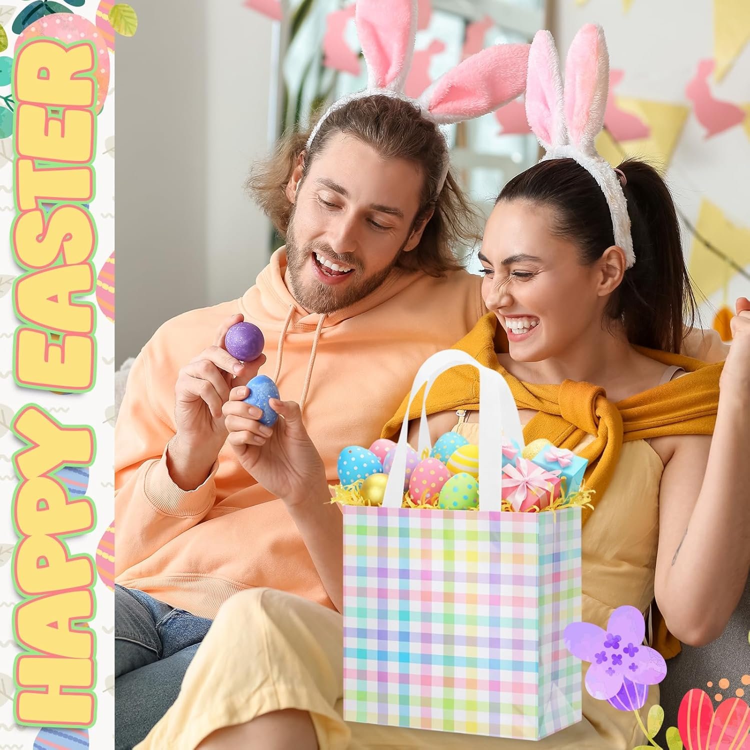 Wholesale Spring Easter Checkered Gift Bags with Handles for Egg Hunts Party Favors Non-Woven Reusable Tote Bags Women Weddings Birthdays Baby Showers Decorations Factory