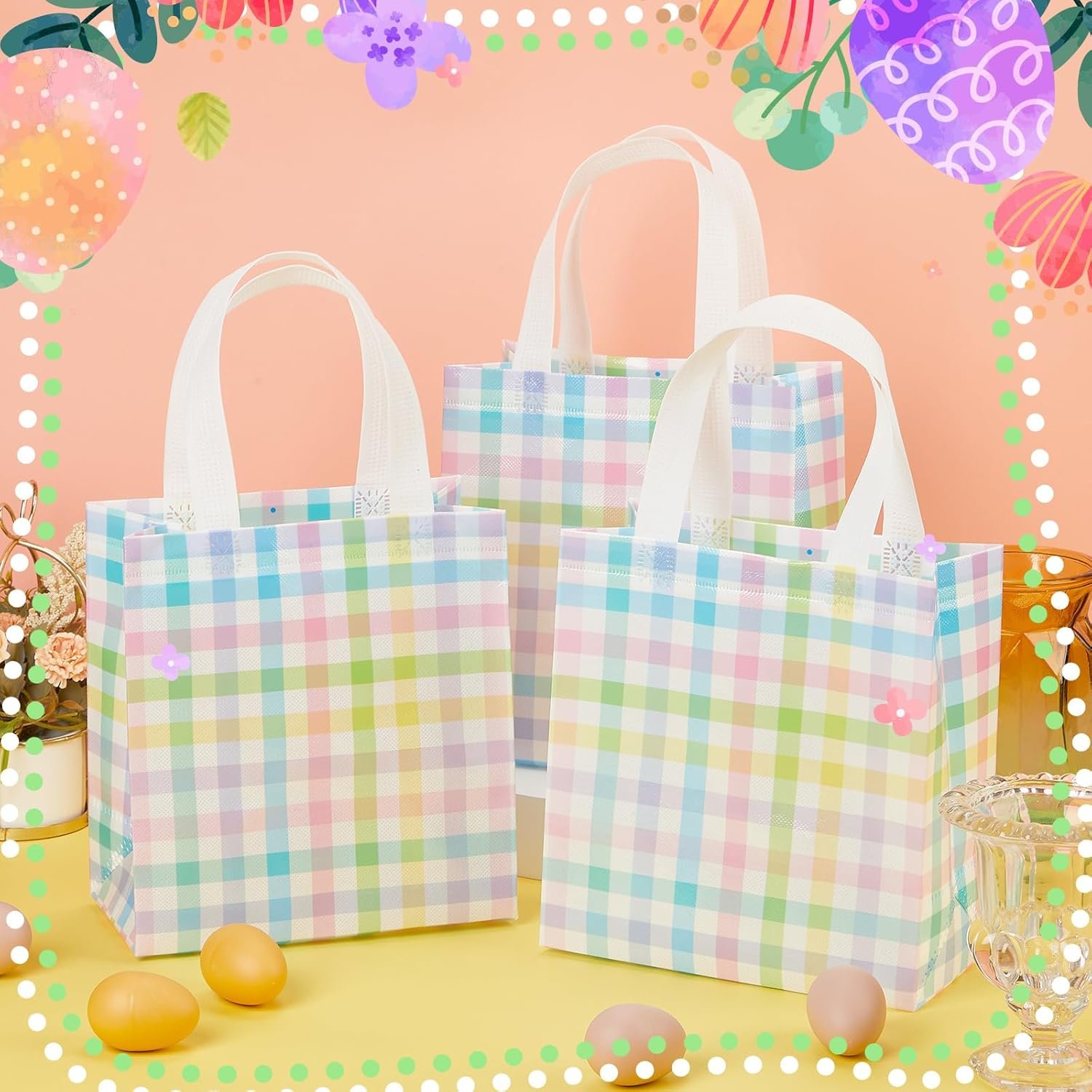 Wholesale Spring Easter Checkered Gift Bags with Handles for Egg Hunts Party Favors Non-Woven Reusable Tote Bags Women Weddings Birthdays Baby Showers Decorations Factory