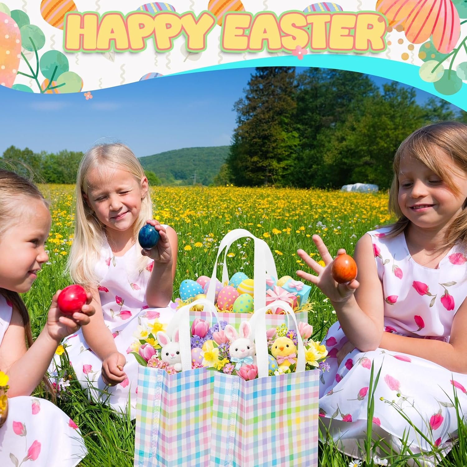 Wholesale Spring Easter Checkered Gift Bags with Handles for Egg Hunts Party Favors Non-Woven Reusable Tote Bags Women Weddings Birthdays Baby Showers Decorations Factory