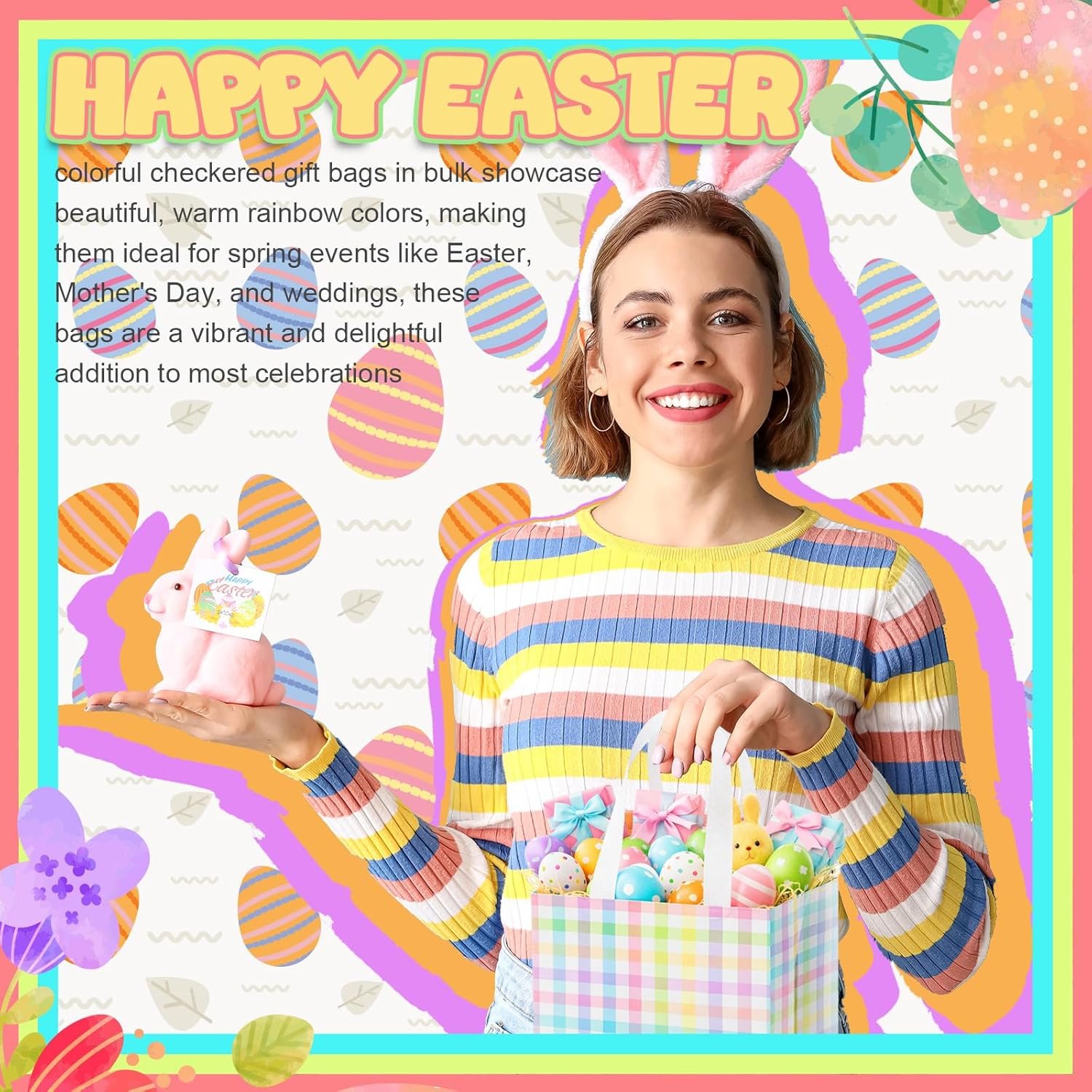 Wholesale Spring Easter Checkered Gift Bags with Handles for Egg Hunts Party Favors Non-Woven Reusable Tote Bags Women Weddings Birthdays Baby Showers Decorations Factory