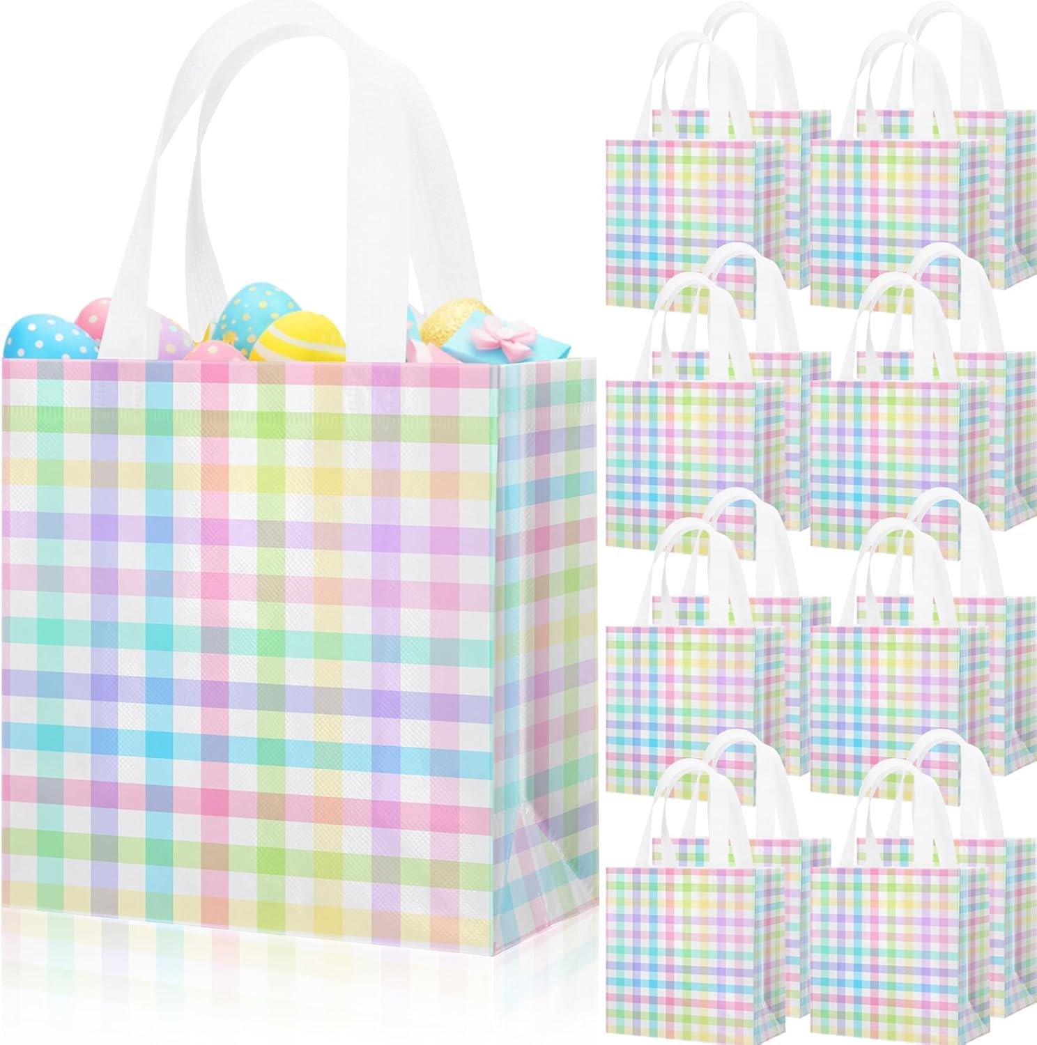 Sweetude Spring Easter Checkered Gift Bag with Handles Easter Eggs Hunt Bags Party Favors Non Woven Reusable Tote Bags for Women Wedding Birthday Baby Shower Party Decoration