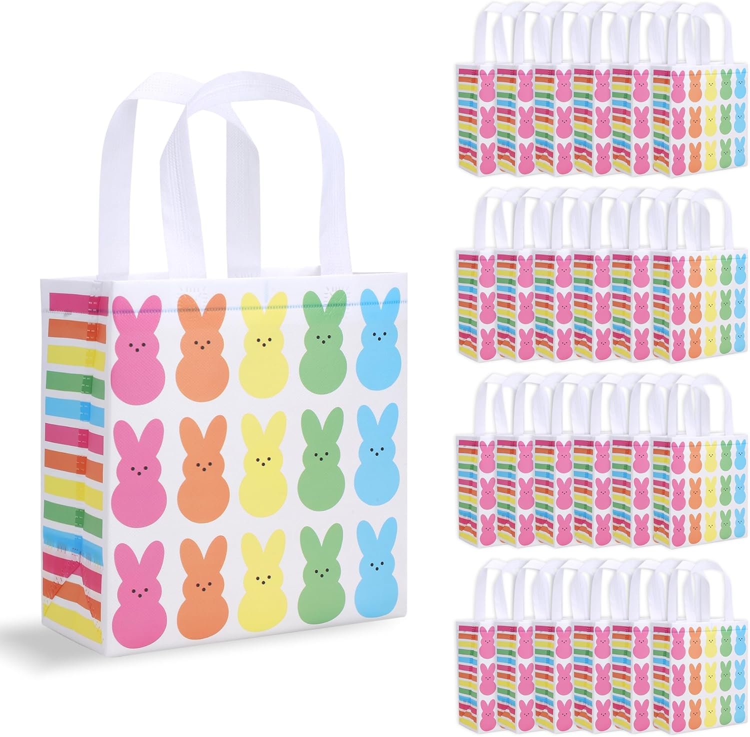 PINWATT 24 Pcs Reusable Easter Bunny Gift Bags with Handles, Multi-Color Non-Woven Party Totes for Easter Egg Hunt Kids Gifts (9x8.6x4.3 Inches)