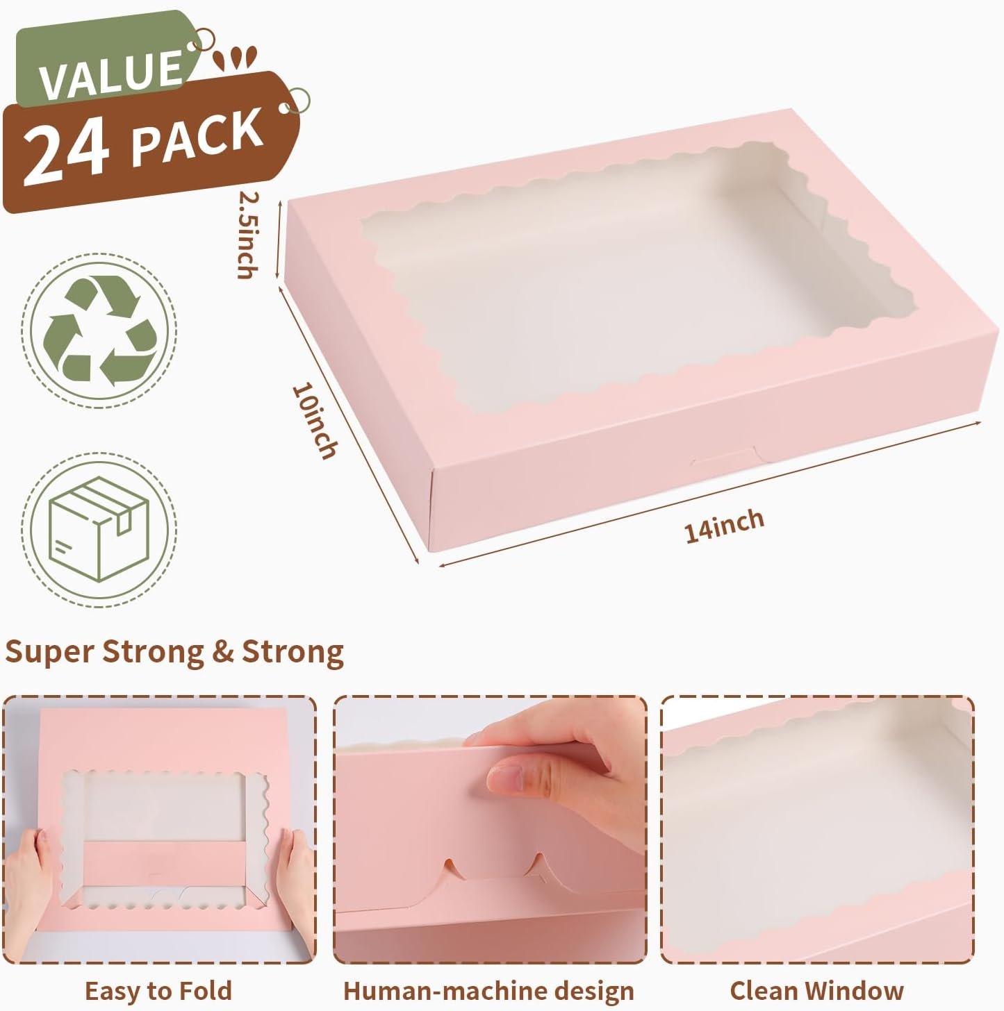 Wholesale 14x10x2.5 Inch Pink Bakery Boxes with Window for Cookies Pies Chocolate Strawberries Muffins Donuts Pastry Dessert Christmas Pack of 24 Manufacturer