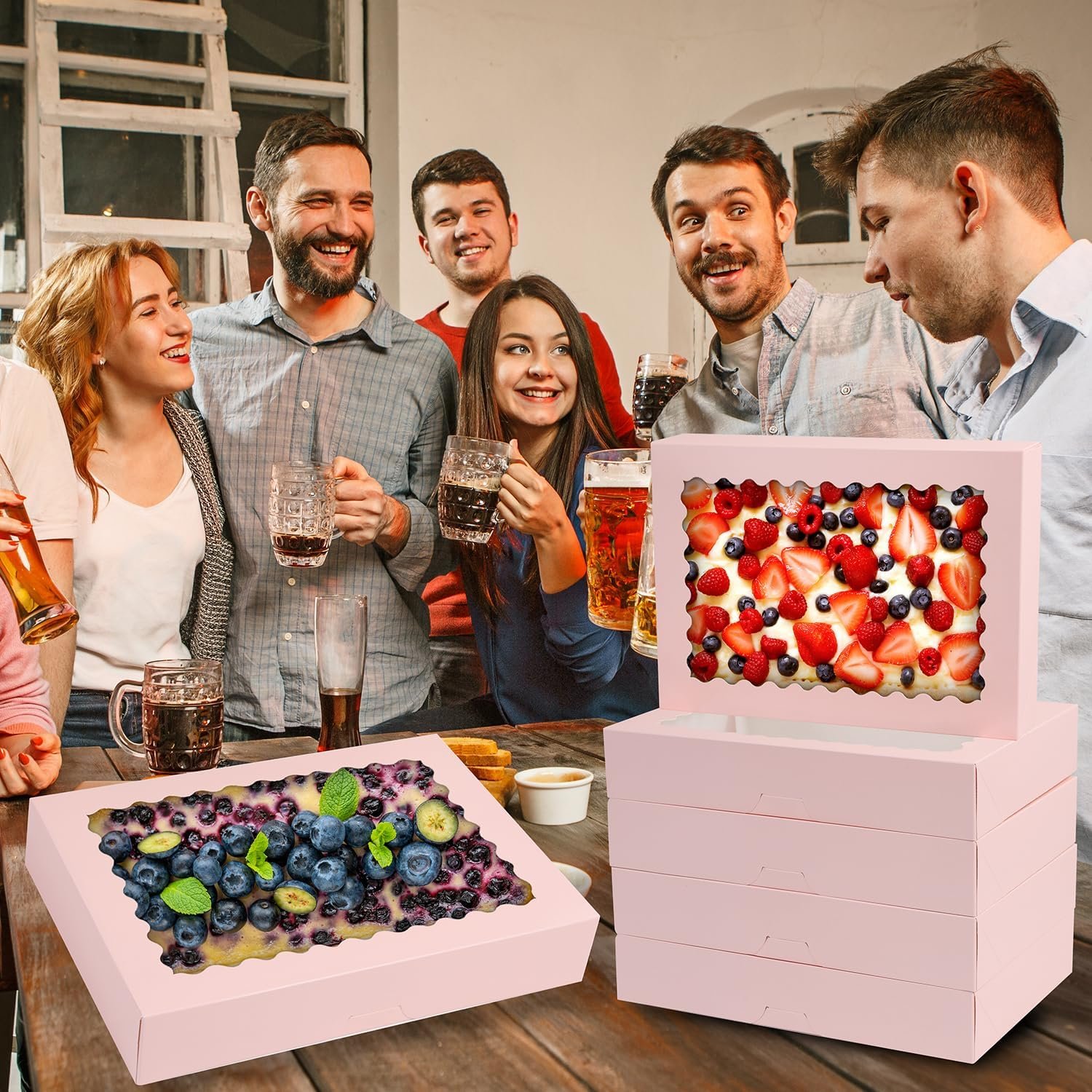 Wholesale 14x10x2.5 Inch Pink Bakery Boxes with Window for Cookies Pies Chocolate Strawberries Muffins Donuts Pastry Dessert Christmas Pack of 24 Manufacturer