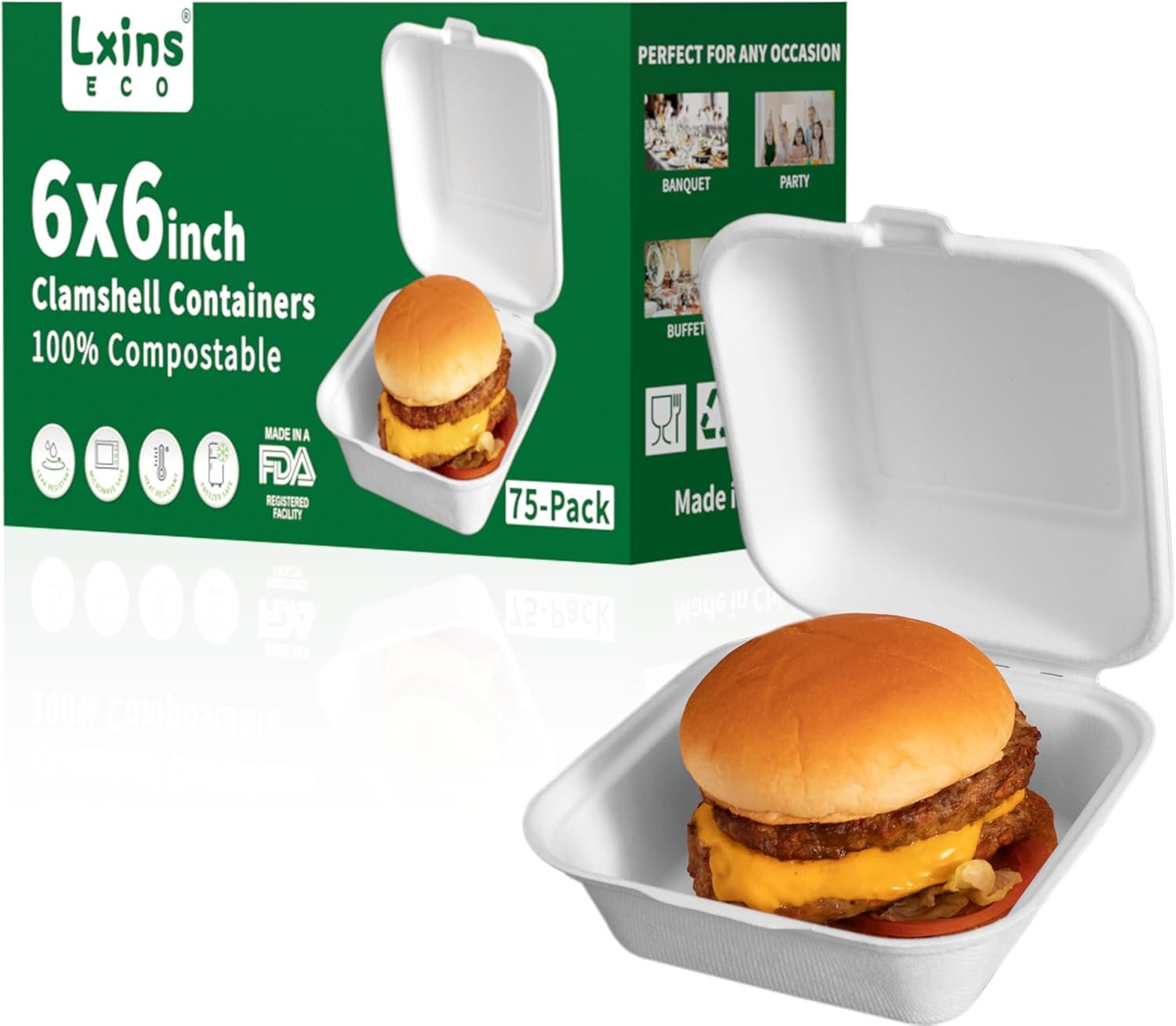 Wholesale 6x6 Inch Heavy Duty Clamshell Take Out Containers 75 Pack Compostable Bagasse Food Boxes with Lids Small Disposable To-Go for Lunch Dessert Salad Manufacturer