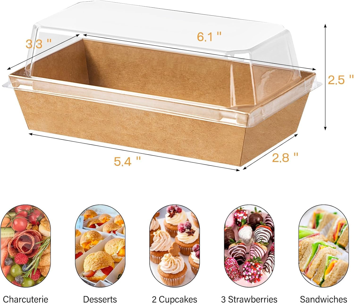 Wholesale 6 x 3 Inch Dessert Boxes with Clear Lids 50 Pack Paper Charcuterie Containers for 2 Cupcakes Muffins Sandwiches Strawberries Brown Manufacturer