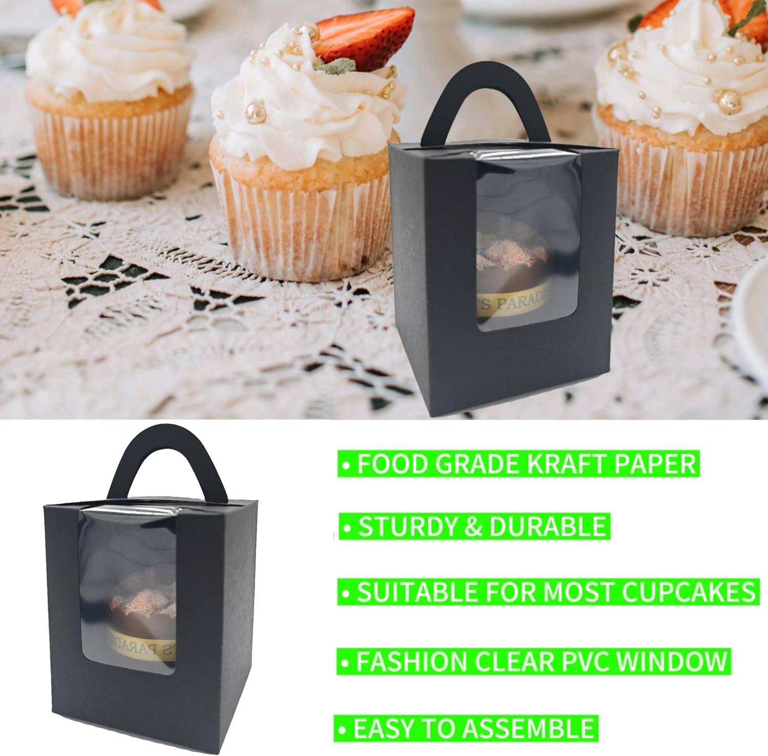 Wholesale 50 Pack Premium Individual Cupcake Boxes with Clear Display Window Food Grade Black Containers for Cupcakes Muffins Cookies Manufacturer