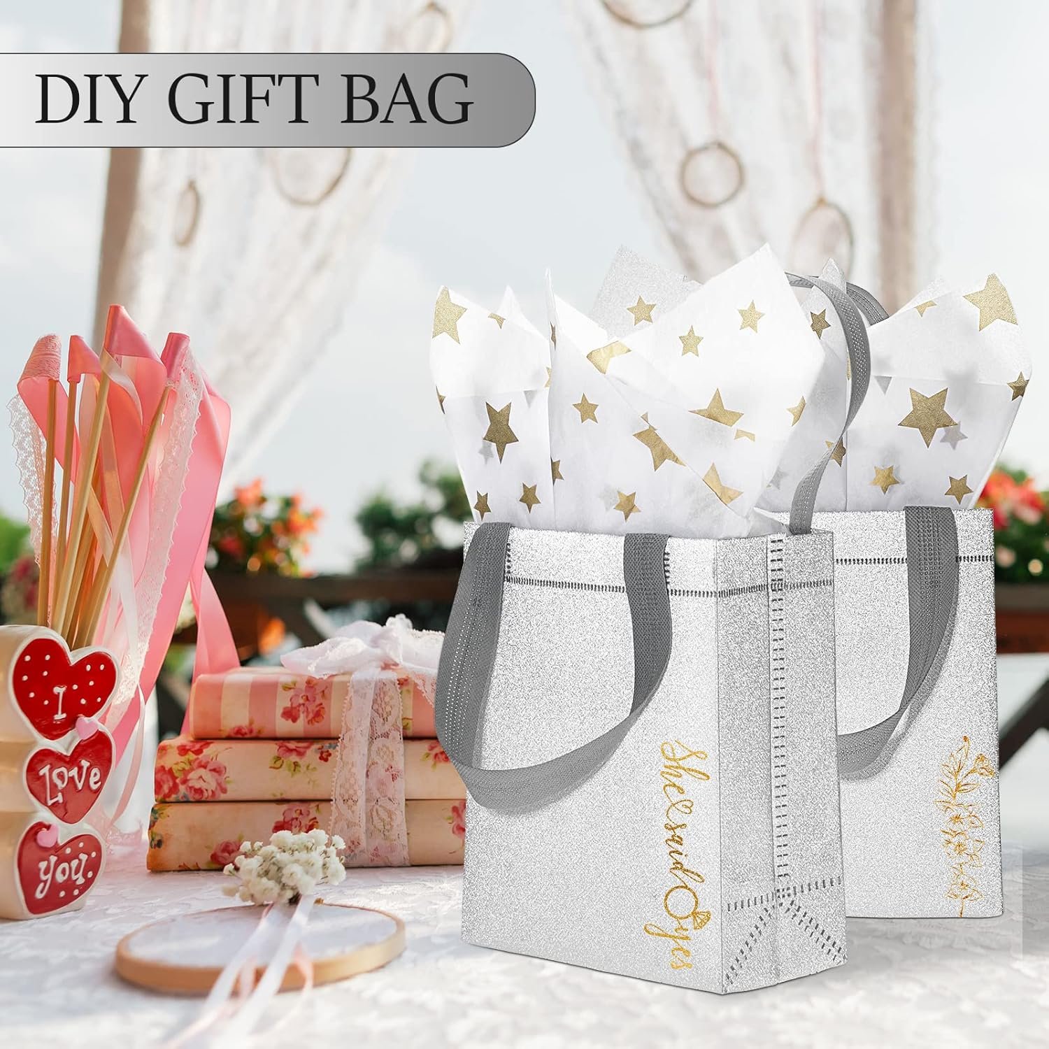 Wholesale 48 Pack Reusable Christmas Glitter Gift Bags with Handles Non-Woven Bling Totes for Weddings Birthdays Bridal Showers Holiday Parties (6.5 x 3.1 x 7.8 Inch, Silver) Manufacturer