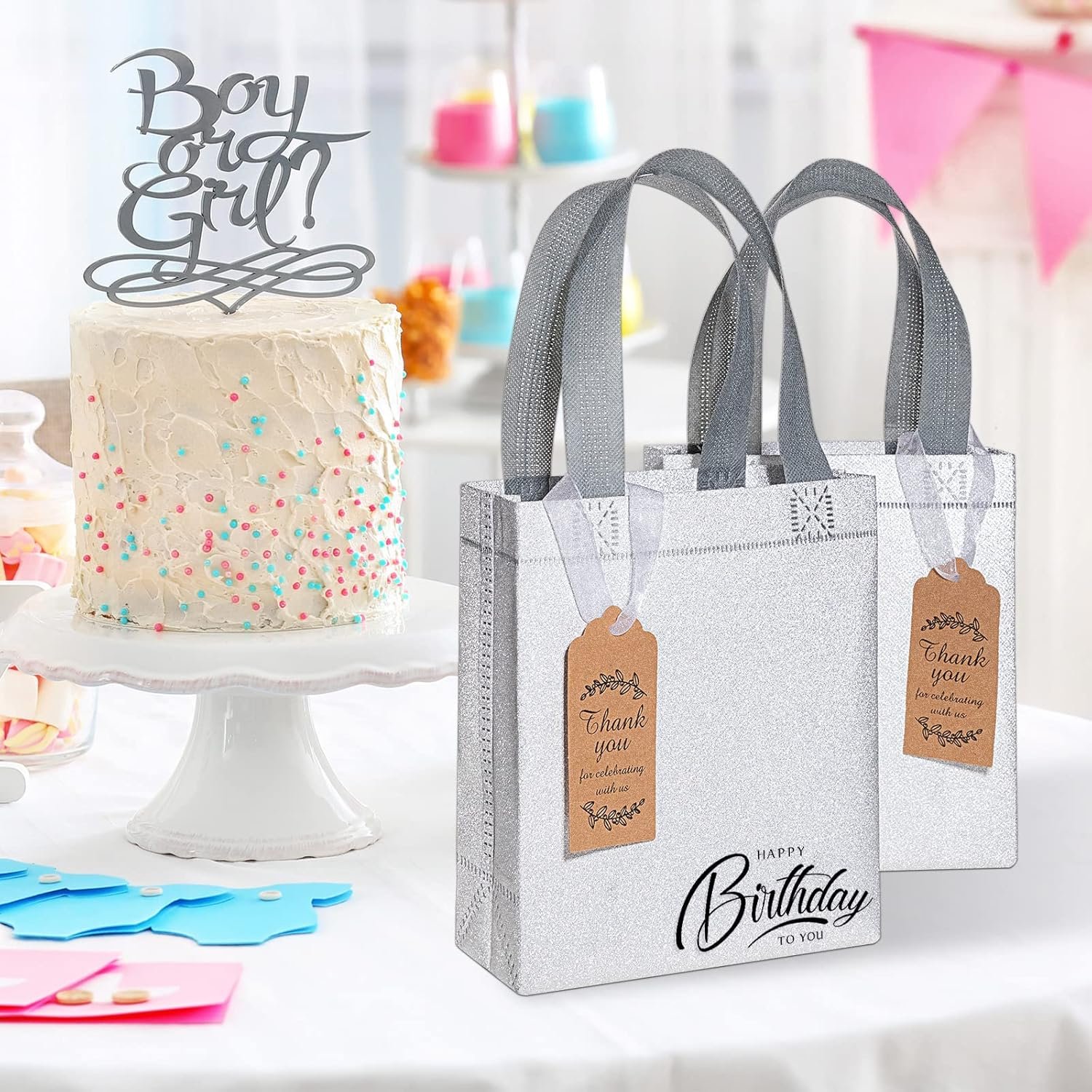 Wholesale 48 Pack Reusable Christmas Glitter Gift Bags with Handles Non-Woven Bling Totes for Weddings Birthdays Bridal Showers Holiday Parties (6.5 x 3.1 x 7.8 Inch, Silver) Manufacturer