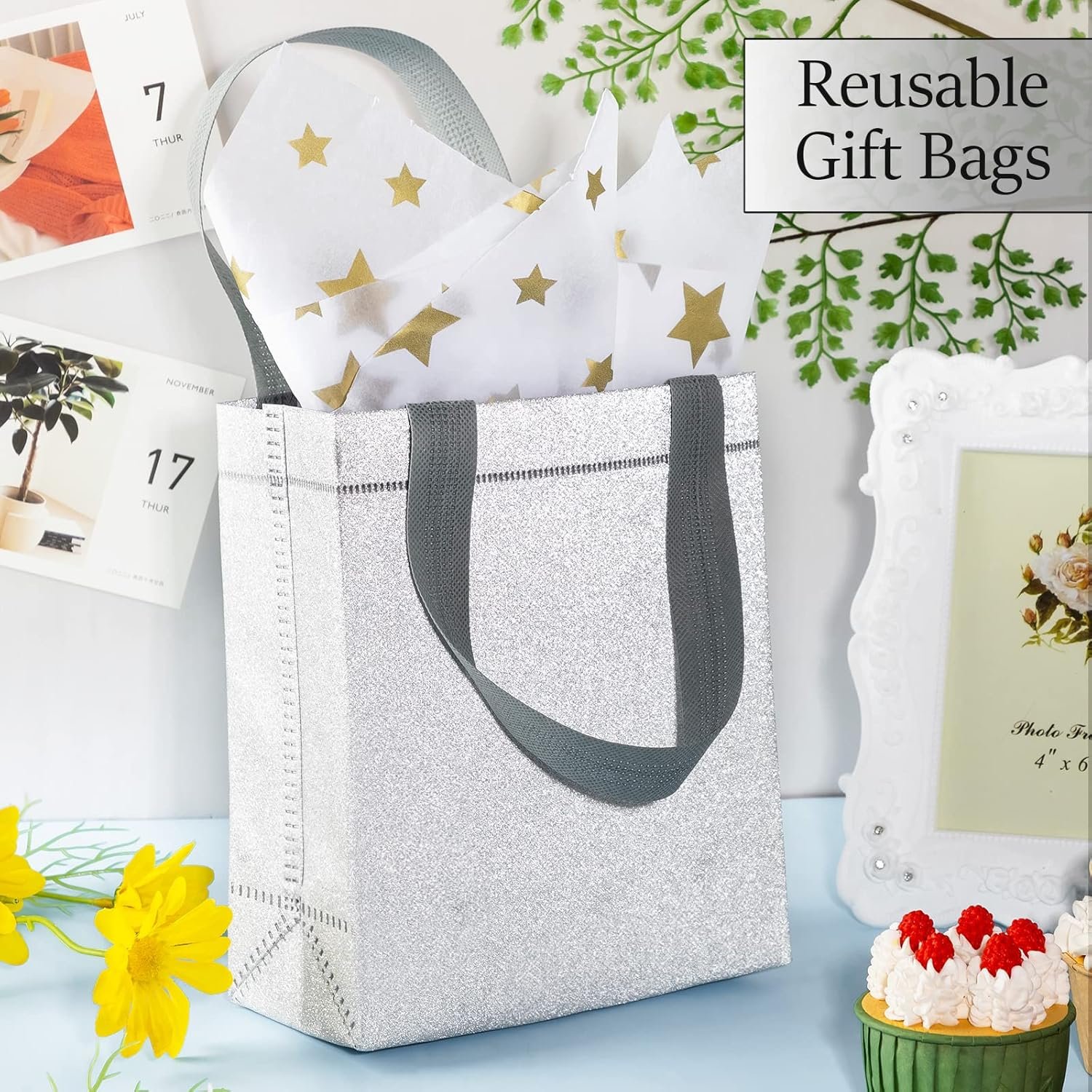 Wholesale 48 Pack Reusable Christmas Glitter Gift Bags with Handles Non-Woven Bling Totes for Weddings Birthdays Bridal Showers Holiday Parties (6.5 x 3.1 x 7.8 Inch, Silver) Manufacturer