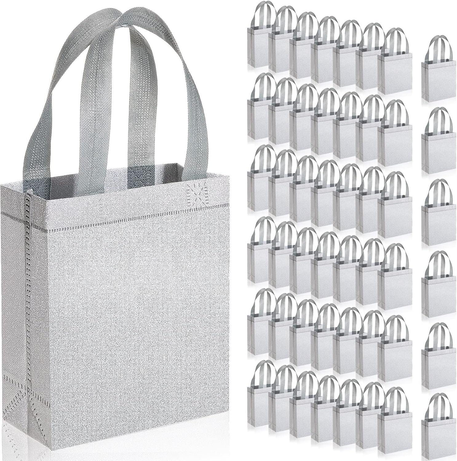 Wholesale 48 Pack Reusable Christmas Glitter Gift Bags with Handles Non-Woven Bling Totes for Weddings Birthdays Bridal Showers Holiday Parties (6.5 x 3.1 x 7.8 Inch, Silver) Manufacturer