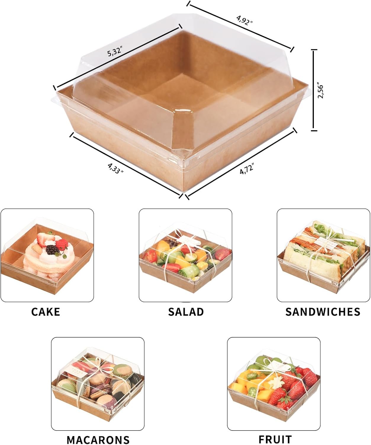 Wholesale 50pcs Small Charcuterie Boxes with Clear Lids Disposable Food Containers for Desserts Sandwiches Cake Slices Fruit Salad Bakery Treats Brown 5.3 x 4.9 x 2.5 in Manufacturer