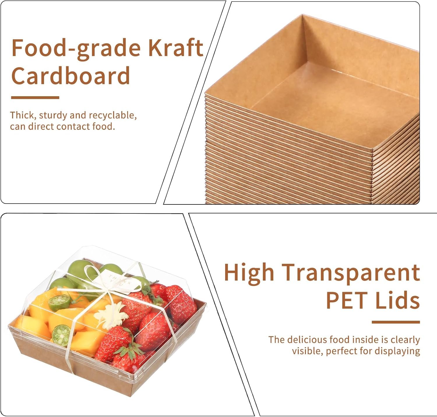 Wholesale 50pcs Small Charcuterie Boxes with Clear Lids Disposable Food Containers for Desserts Sandwiches Cake Slices Fruit Salad Bakery Treats Brown 5.3 x 4.9 x 2.5 in Manufacturer