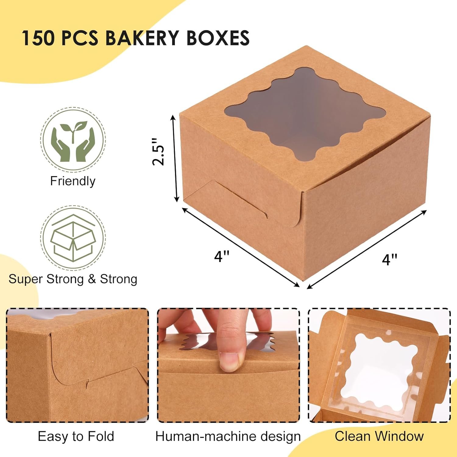 Wholesale 150pcs 4x4x2.5 Inch Cookie Boxes with Window for Small Cakes Pastries Treats Donuts Candy Brown Manufacturer Wholesale 150pcs 4x4x2.5 Inch Cookie Boxes with Window for Small Cakes Pastries Treats Donuts Candy Brown Manufacturer