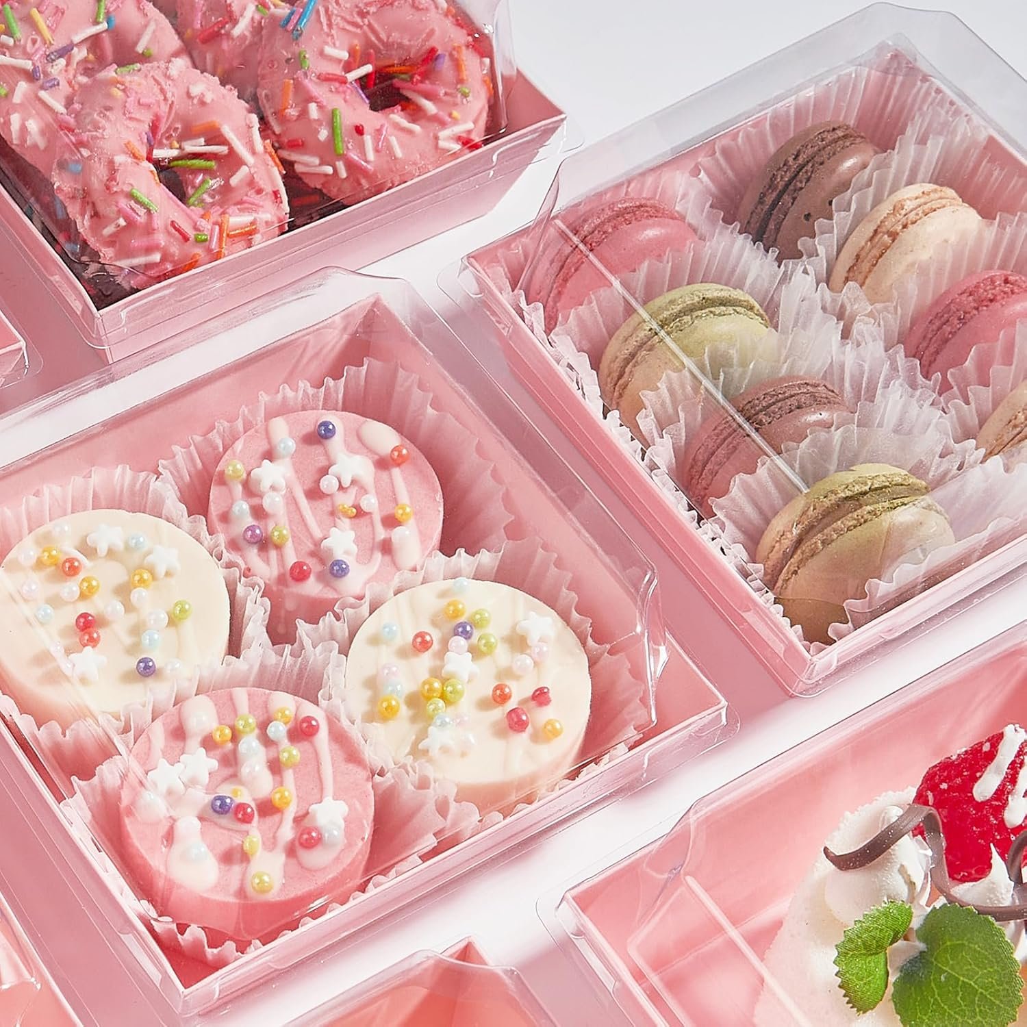 Wholesale 50 Pack 4x4 Inch Small Charcuterie Boxes with Clear Lids Disposable Paper Food Containers for Bakery Treats Desserts Cake Slices Cookies Strawberries Pink Manufacturer