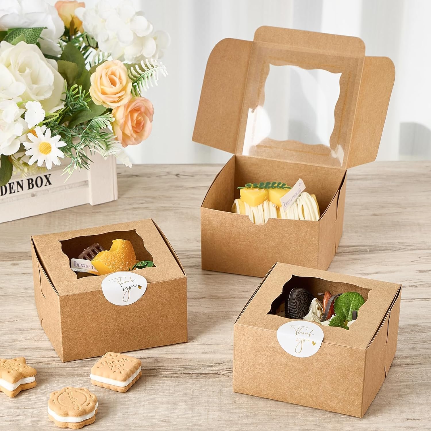 Wholesale 24pcs Small Cookie Boxes with Window 4x4x2.5 Inch Kraft Bakery Boxes with Stickers for Pastry Mini Cake Strawberry Donut Individual Cupcake Manufacturer