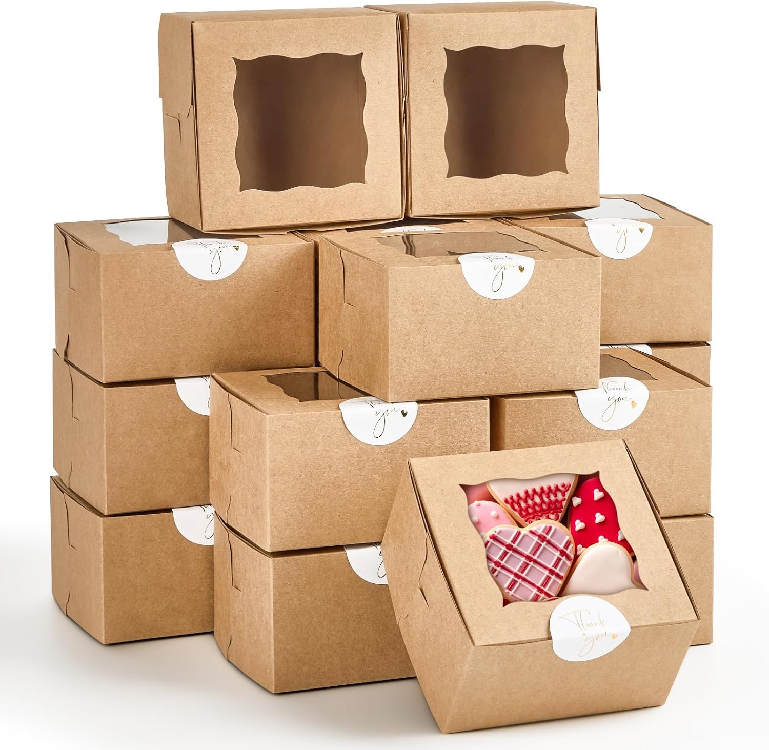 Wholesale 24pcs Small Cookie Boxes with Window 4x4x2.5 Inch Kraft Bakery Boxes with Stickers for Pastry Mini Cake Strawberry Donut Individual Cupcake Manufacturer