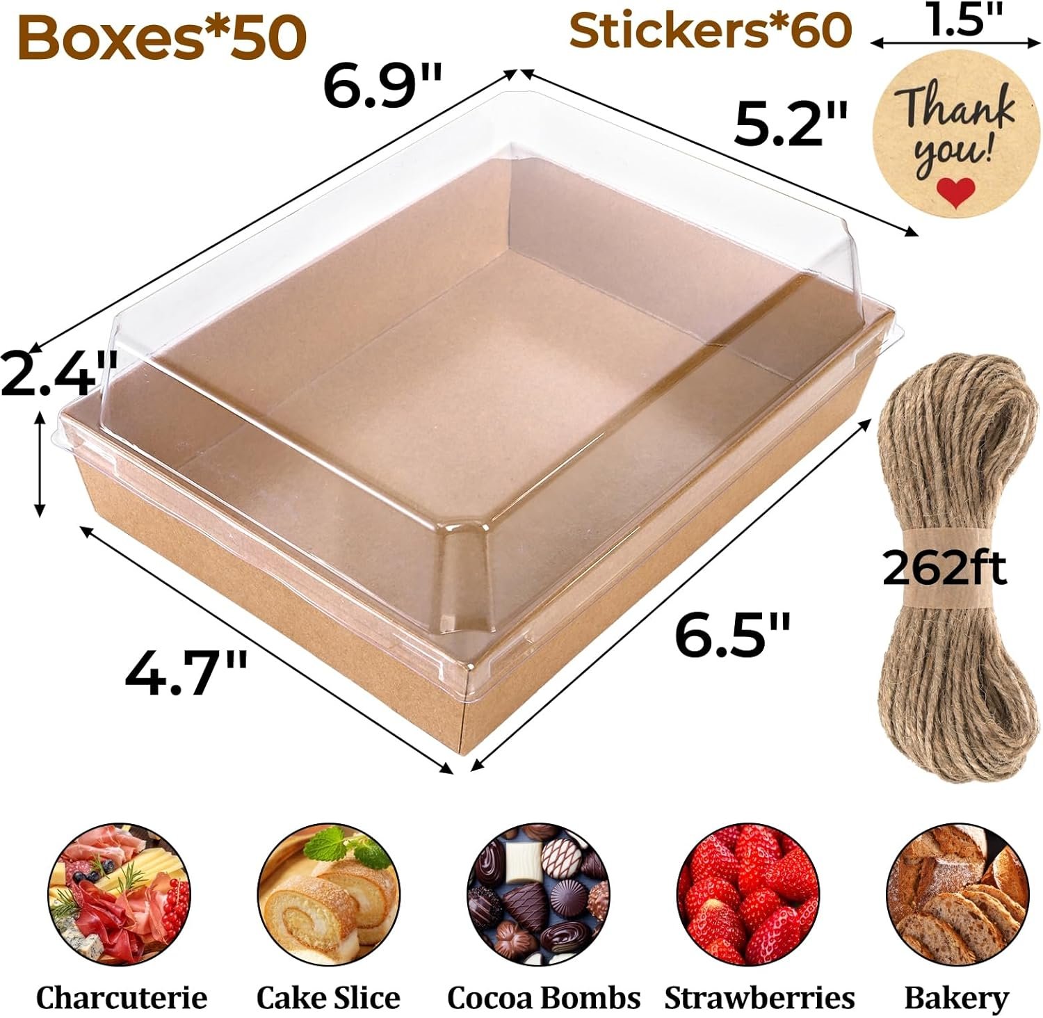 Wholesale 50 Pack 7x5 Inch Brown Paper Charcuterie Boxes with Clear Lids Rope Handles and Stickers Disposable Bakery Dessert Sandwich Food Containers for Cookies Donuts Salad Pastry Strawberries Manufacturer Wholesale 50 Pack 7x5 Inch Brown Paper Charcuterie Boxes with Clear Lids Rope Handles and Stickers Disposable Bakery Dessert Sandwich Food Containers for Cookies Donuts Salad Pastry Strawberries Manufacturer