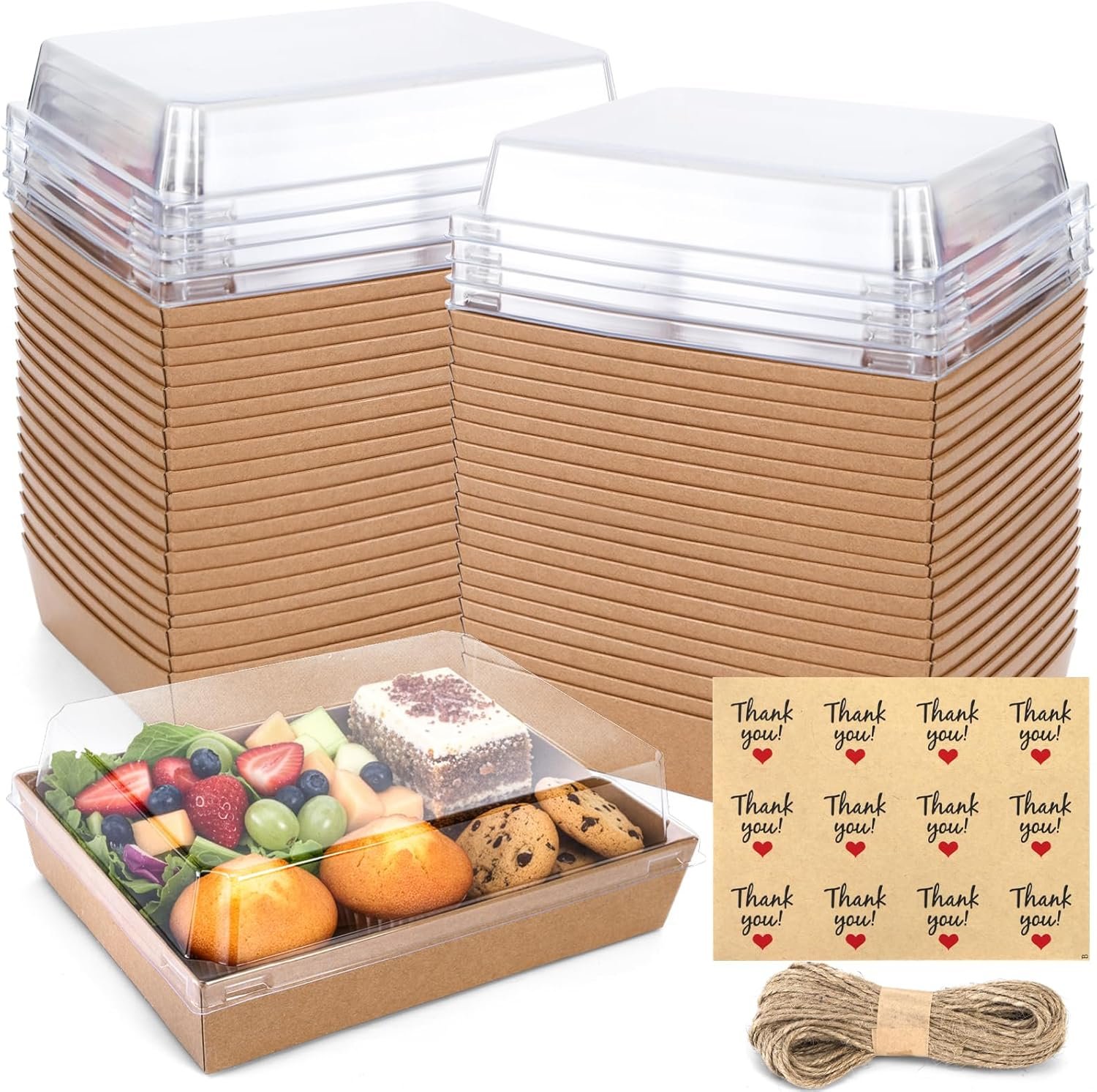 Wholesale 50 Pack 7x5 Inch Brown Paper Charcuterie Boxes with Clear Lids Rope Handles and Stickers Disposable Bakery Dessert Sandwich Food Containers for Cookies Donuts Salad Pastry Strawberries Manufacturer