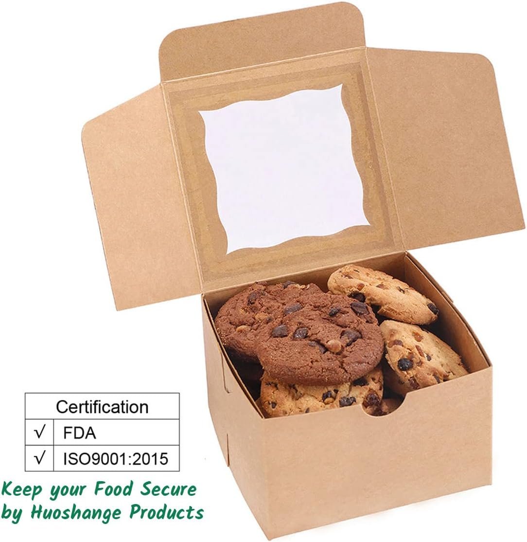 Wholesale Window Cookie Boxes 4.5x4.5x3 Inch 50 Pack Premium Oil Resistant Brown Bakery Mini Treat Boxes for Bundt Cakes and Individual Cheesecakes Manufacturer