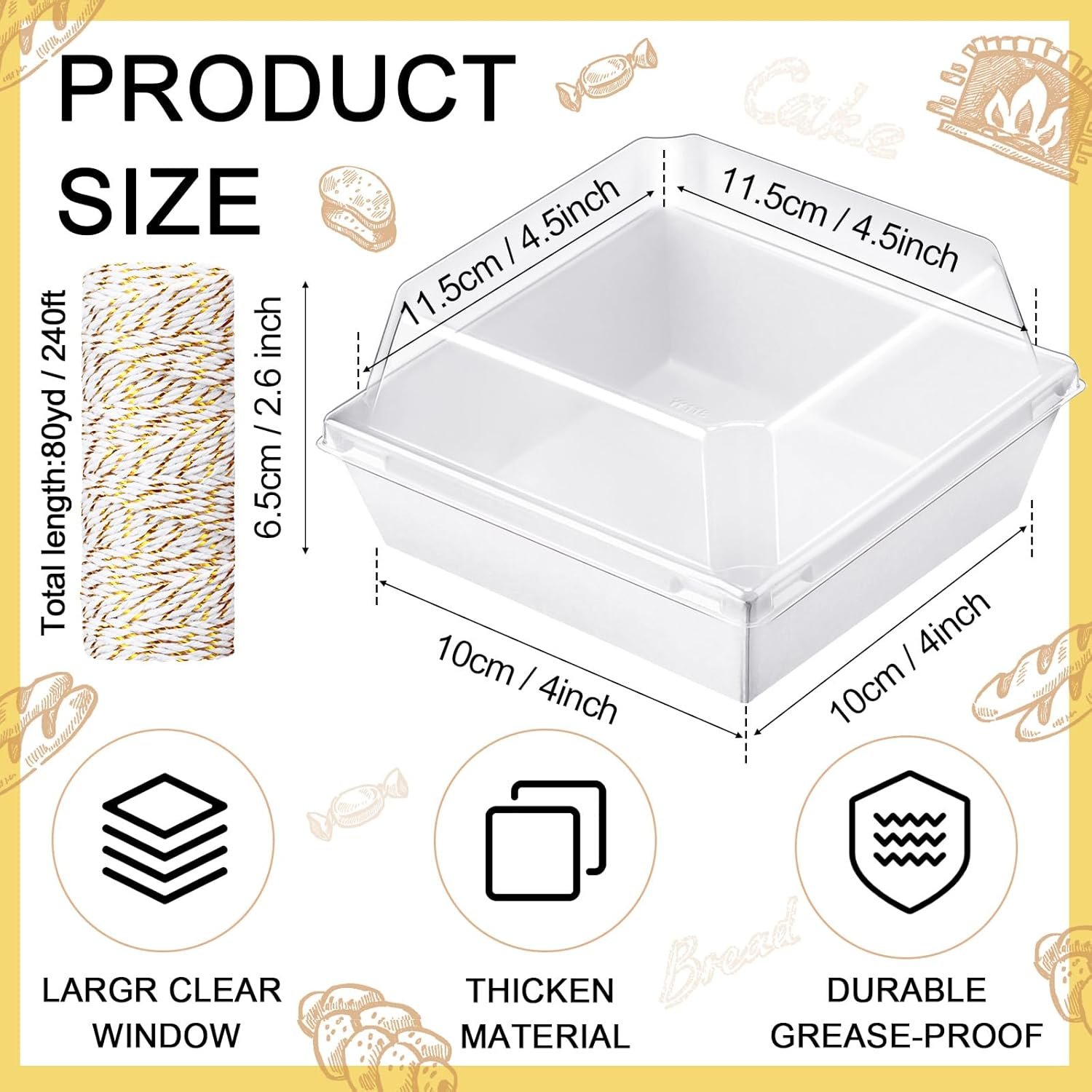 Wholesale 100 Pcs 4.5 Inches Paper Charcuterie Boxes with Clear Lids Disposable Square Dessert Containers Bakery Boxes with Rope for Cake Slice Cookie Sandwich Food White Manufacturer