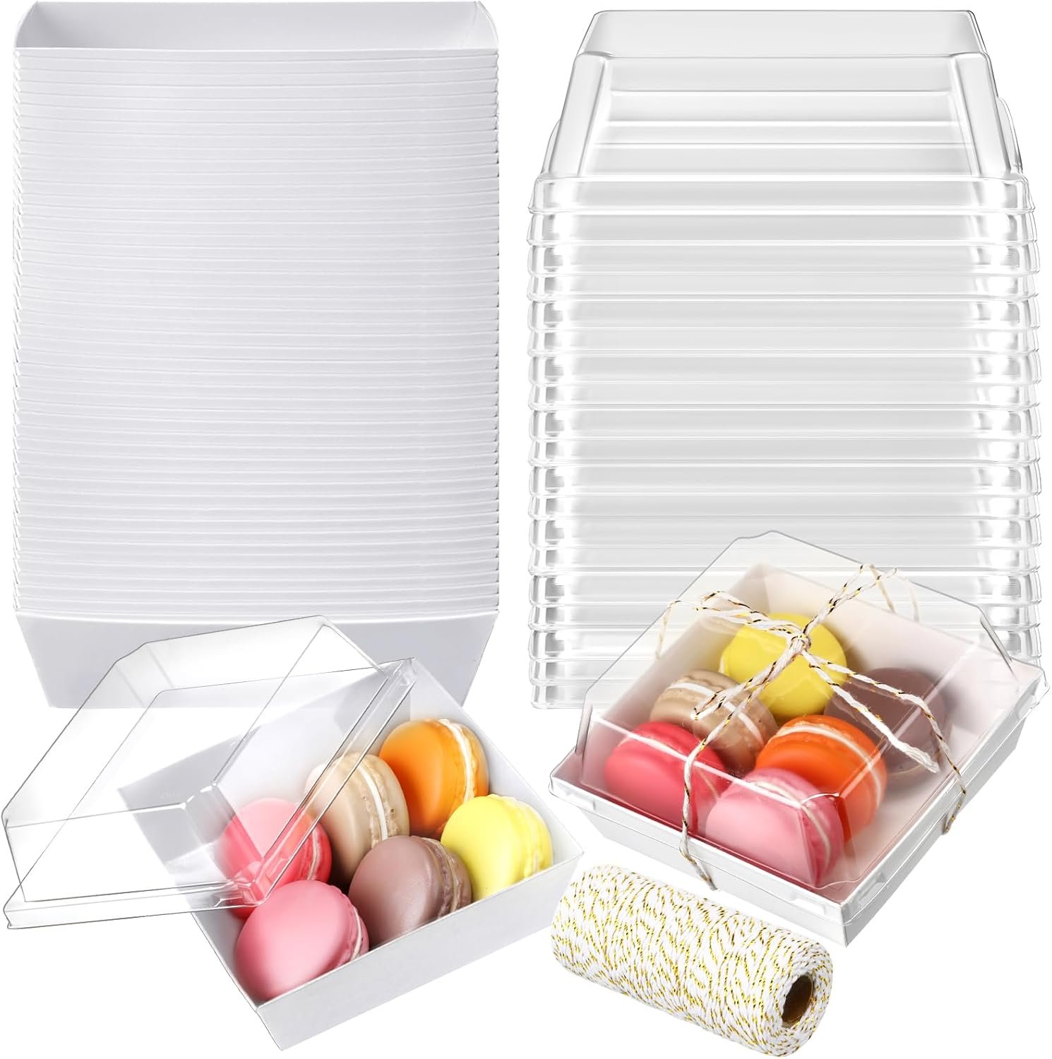 Wholesale 100 Pcs 4.5 Inches Paper Charcuterie Boxes with Clear Lids Disposable Square Dessert Containers Bakery Boxes with Rope for Cake Slice Cookie Sandwich Food White Manufacturer