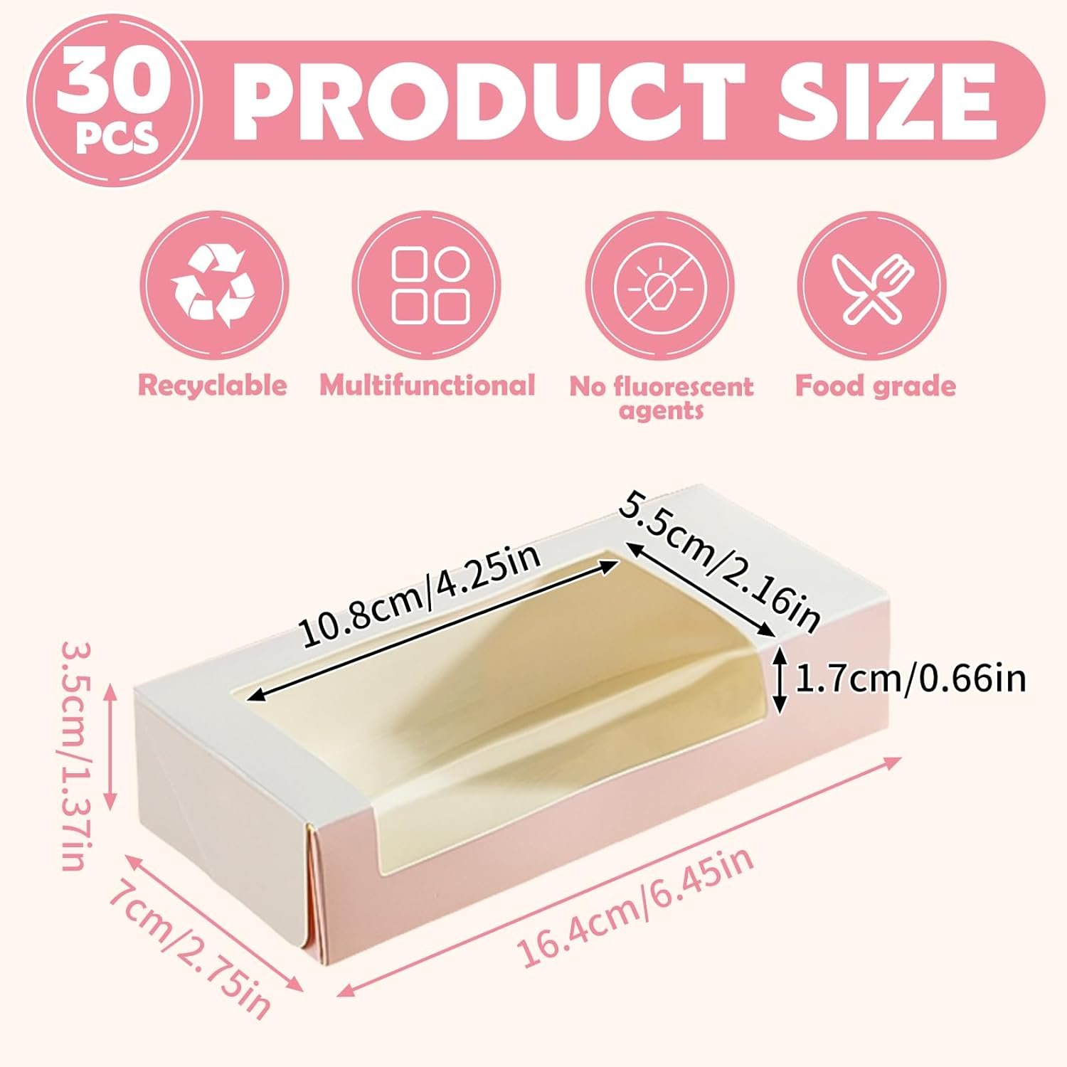 Wholesale 30 Pack Cookie Boxes with Window 6.5x2.8x1.4 Inch Pink Folding Pastry Boxes for Gifts Valentines Chocolates Macarons Candy Manufacturer