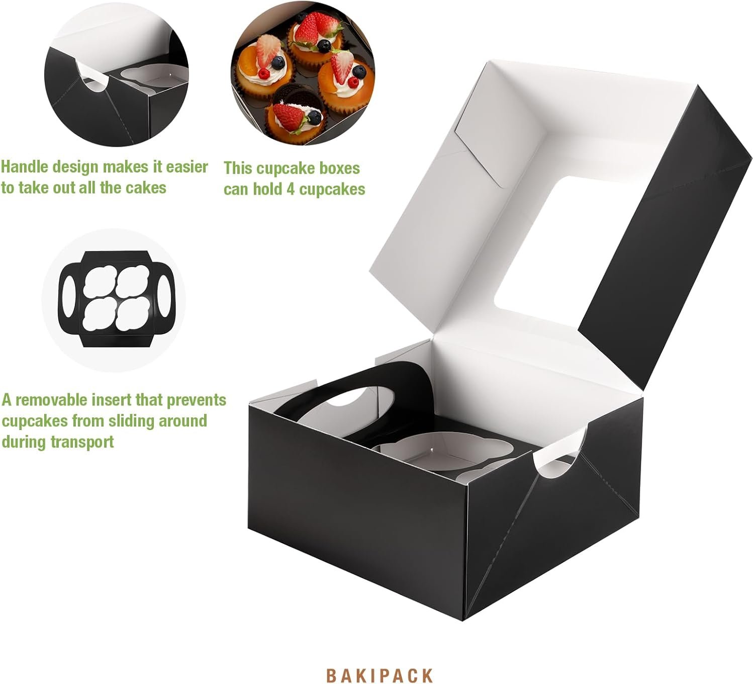 Wholesale 25 Black Cupcake Boxes 4 Count Containers with Window Inserts 6.3×6.3×3 Inches Holders for Cupcakes Muffins Cookies Desserts Pastries Manufacturer
