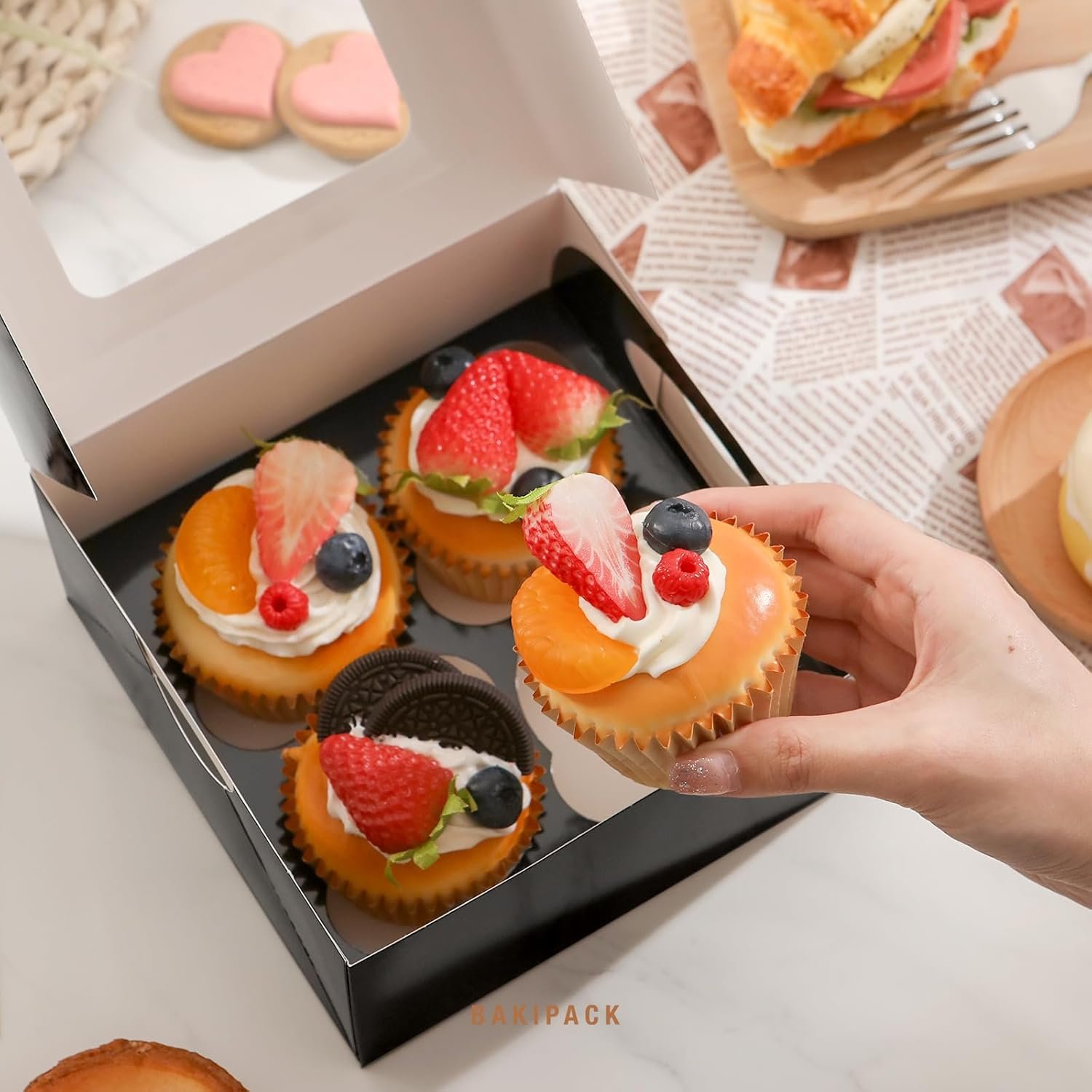 Wholesale 25 Black Cupcake Boxes 4 Count Containers with Window Inserts 6.3×6.3×3 Inches Holders for Cupcakes Muffins Cookies Desserts Pastries Manufacturer