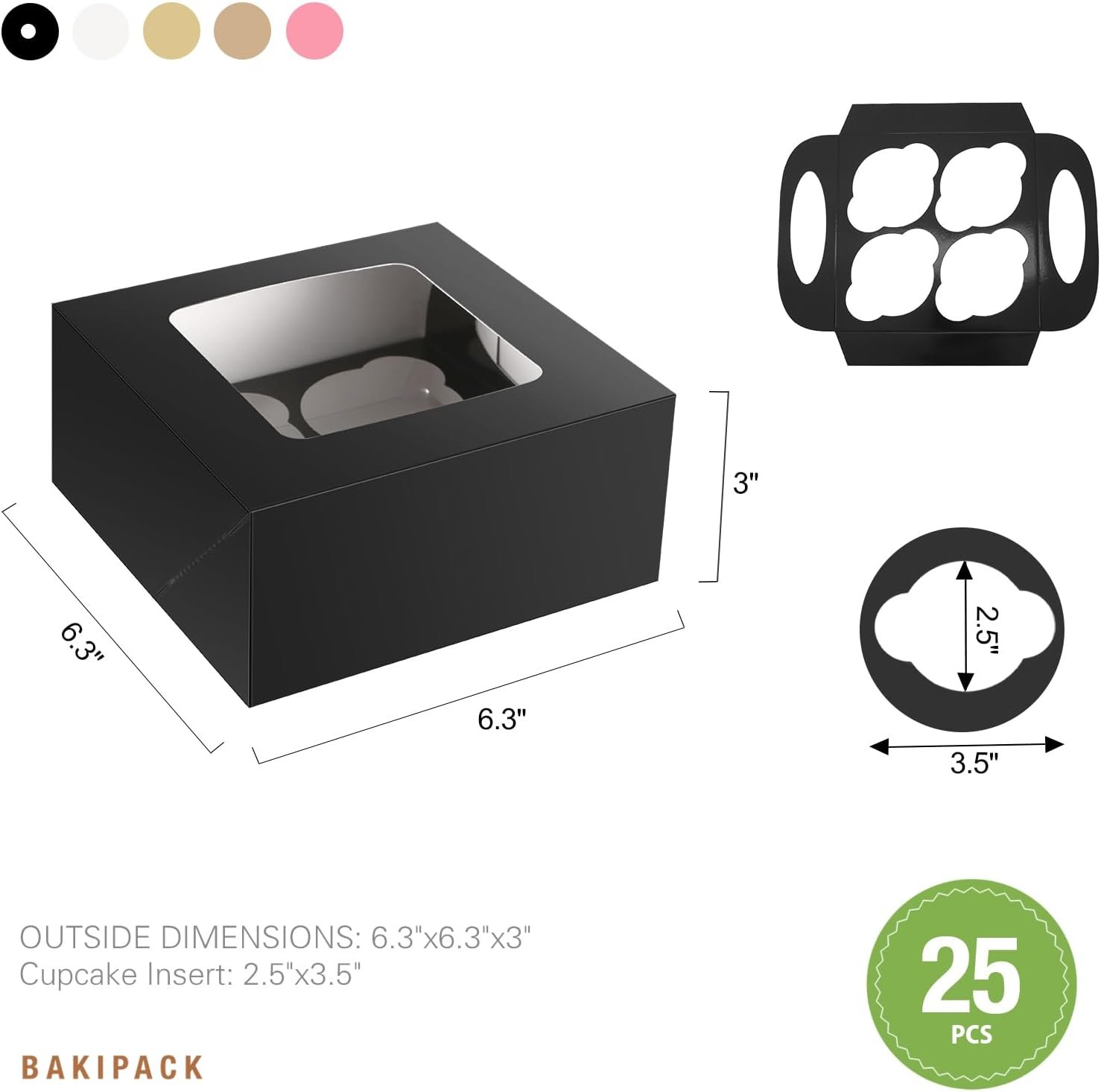 Wholesale 25 Black Cupcake Boxes 4 Count Containers with Window Inserts 6.3×6.3×3 Inches Holders for Cupcakes Muffins Cookies Desserts Pastries Manufacturer
