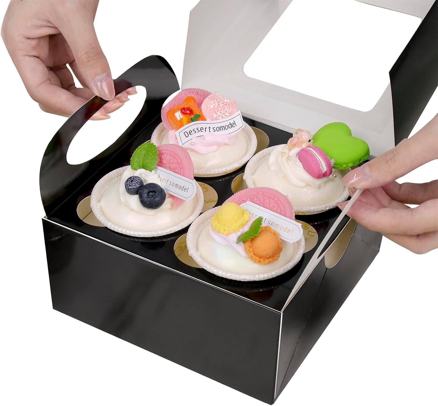 Wholesale 25 Black Cupcake Boxes 4 Count Containers with Window Inserts 6.3×6.3×3 Inches Holders for Cupcakes Muffins Cookies Desserts Pastries Manufacturer