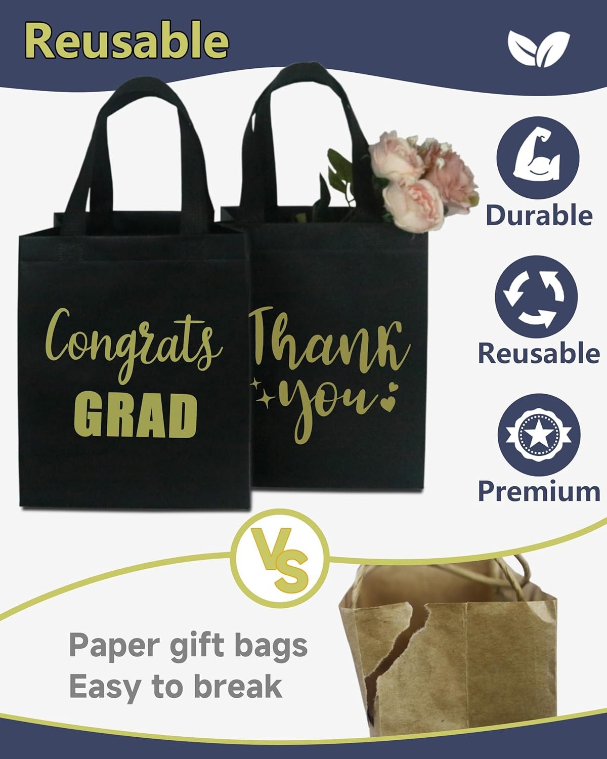 Wholesale 12 Black Sturdy Reusable Gift Bags Medium 8x5x10 with Handles Non-Woven for Weddings Father's Day Parties Birthdays Graduations Manufacturer