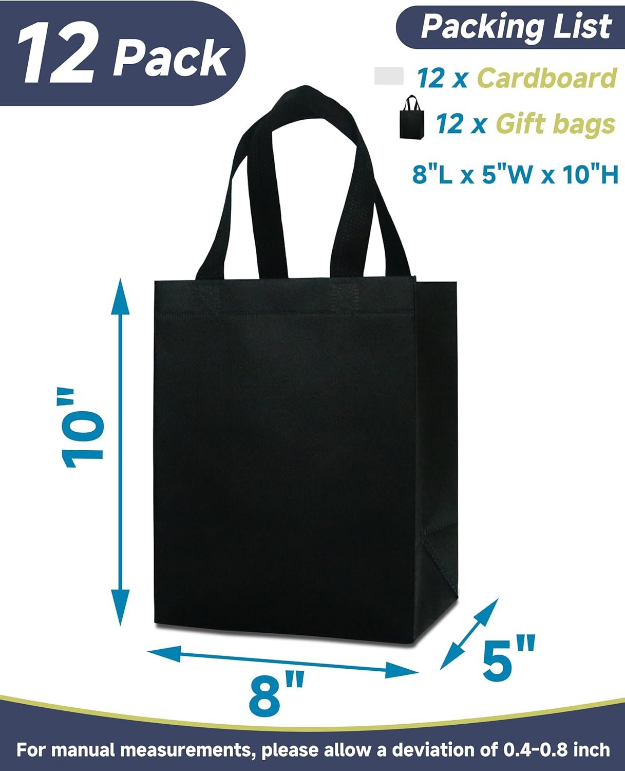 Wholesale 12 Black Sturdy Reusable Gift Bags Medium 8x5x10 with Handles Non-Woven for Weddings Father's Day Parties Birthdays Graduations Manufacturer