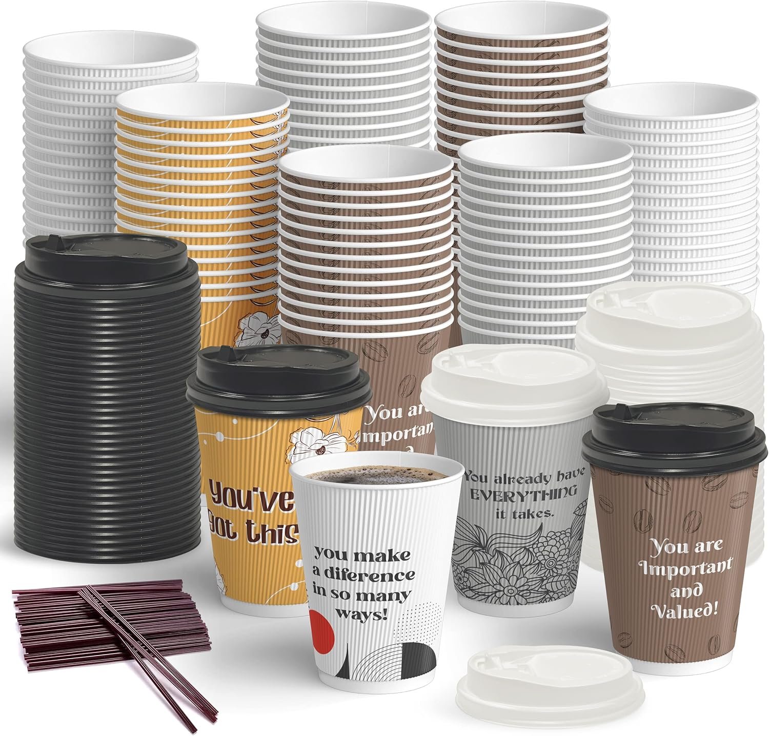 Wholesale 100 Motivational Disposable Coffee Cups 12 oz with Leakproof Lids and Stirrers Manufacturer