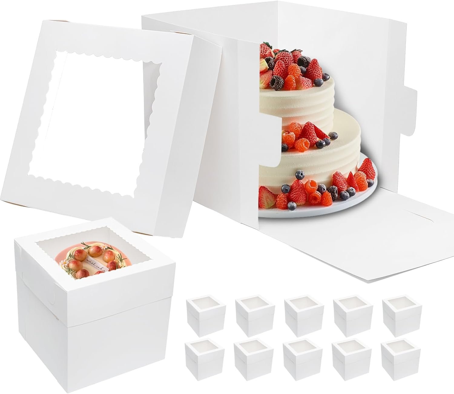 Wholesale 10pcs 10 Inch 10x10x10 Tall Cake Boxes with Window and Lids White Cardboard Disposable Bakery Containers for Tier Baking Wedding Birthday Party Take Out Carriers Manufacturer