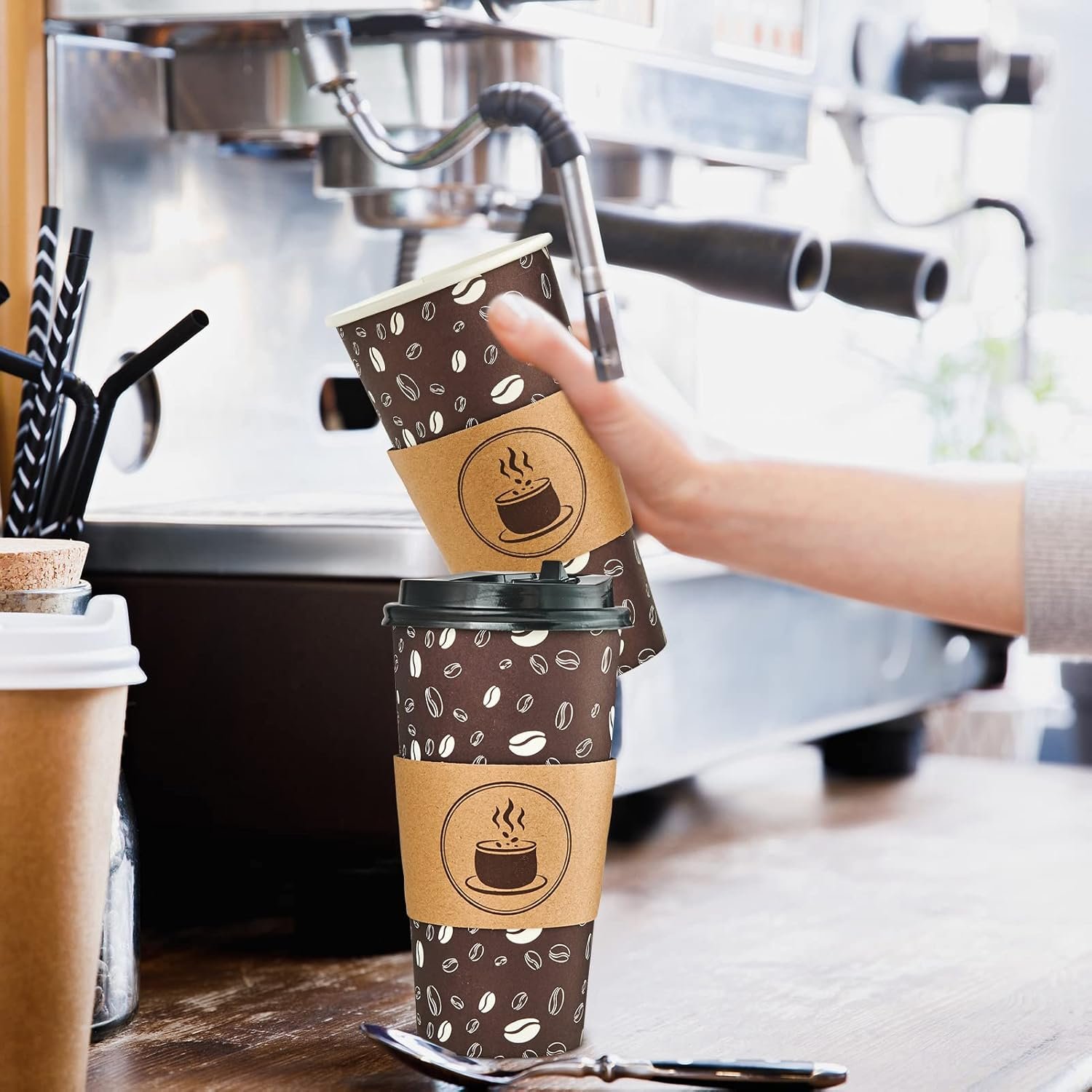 Wholesale 20oz Disposable Coffee Cups with Lids Sleeves and Straws (50 Pack) for Shops Cafes Concession Stands Dark Brown Manufacturer Wholesale 20oz Disposable Coffee Cups with Lids Sleeves and Straws (50 Pack) for Shops Cafes Concession Stands Dark Brown Manufacturer