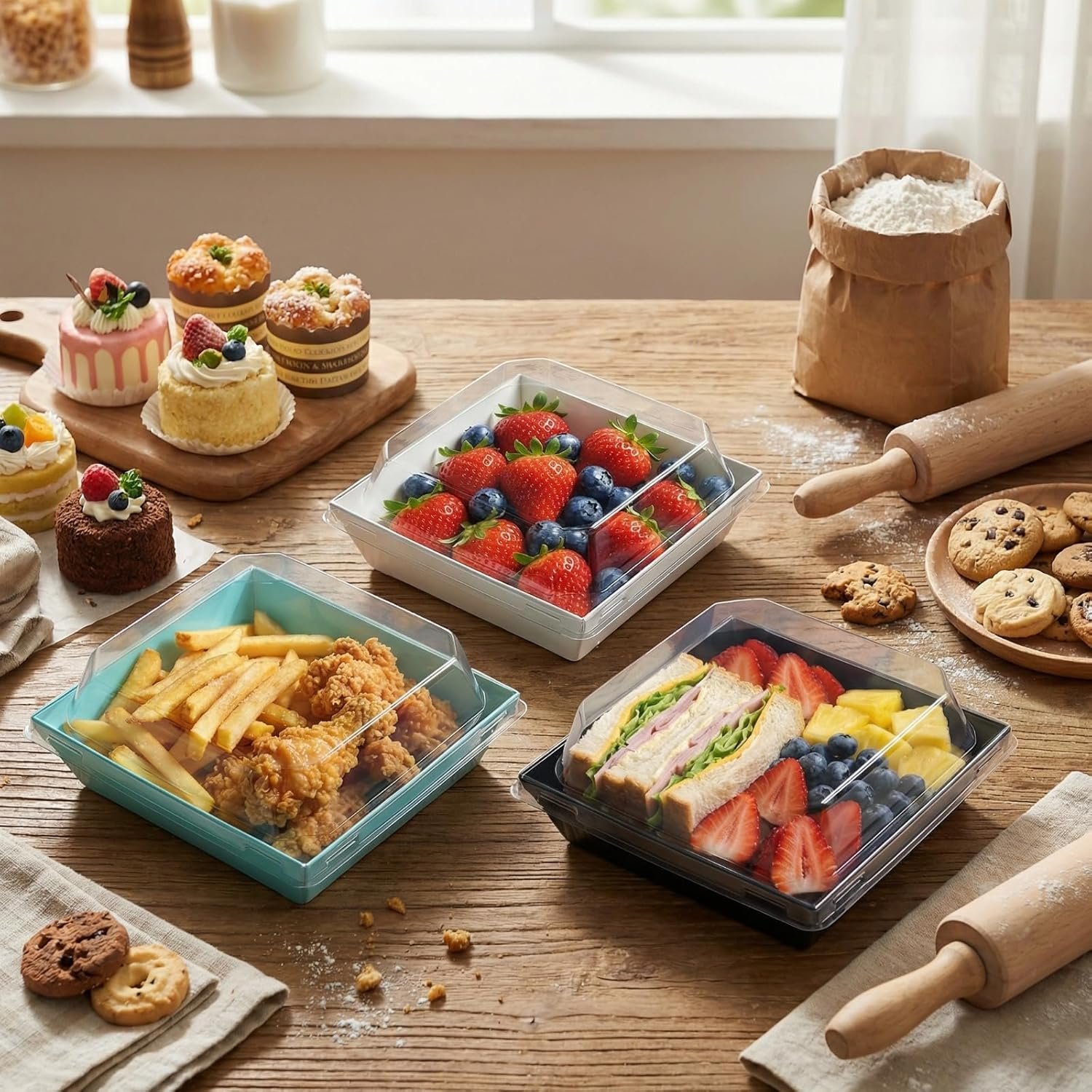 Wholesale 150 Pack 5 Inches Square Charcuterie Boxes with Clear Lids Disposable Paper Food Containers for Sandwiches Cookies Sushi Cake Slices Strawberries in 5 Colors Manufacturer