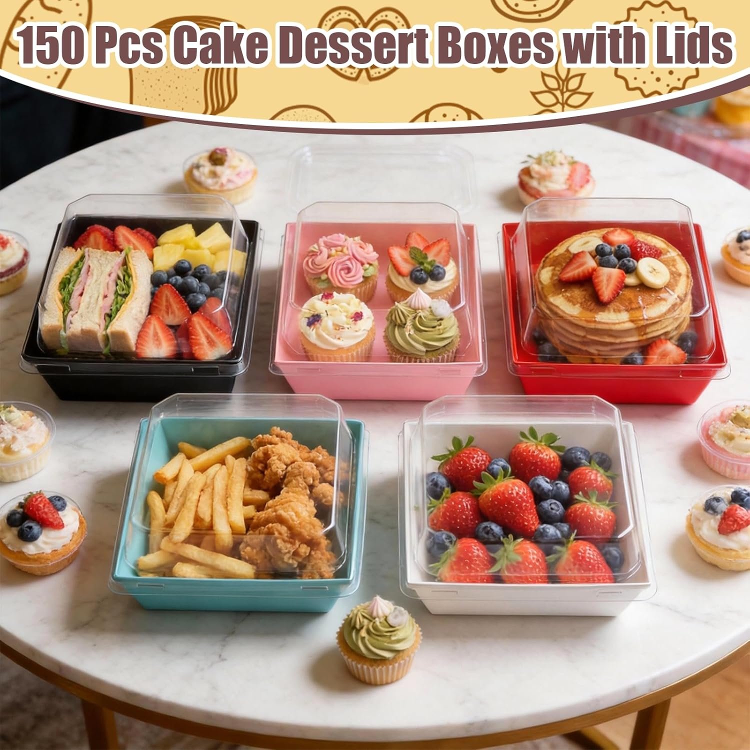 Wholesale 150 Pack 5 Inches Square Charcuterie Boxes with Clear Lids Disposable Paper Food Containers for Sandwiches Cookies Sushi Cake Slices Strawberries in 5 Colors Manufacturer