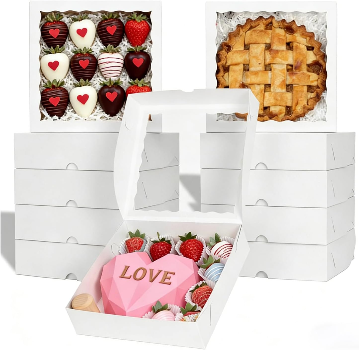 Wholesale 12pcs 10x10x2.5 Inches White Bakery Boxes with Window for Pie Cookies Chocolate Covered Strawberries Breakable Heart Charcuterie Christmas Manufacturer